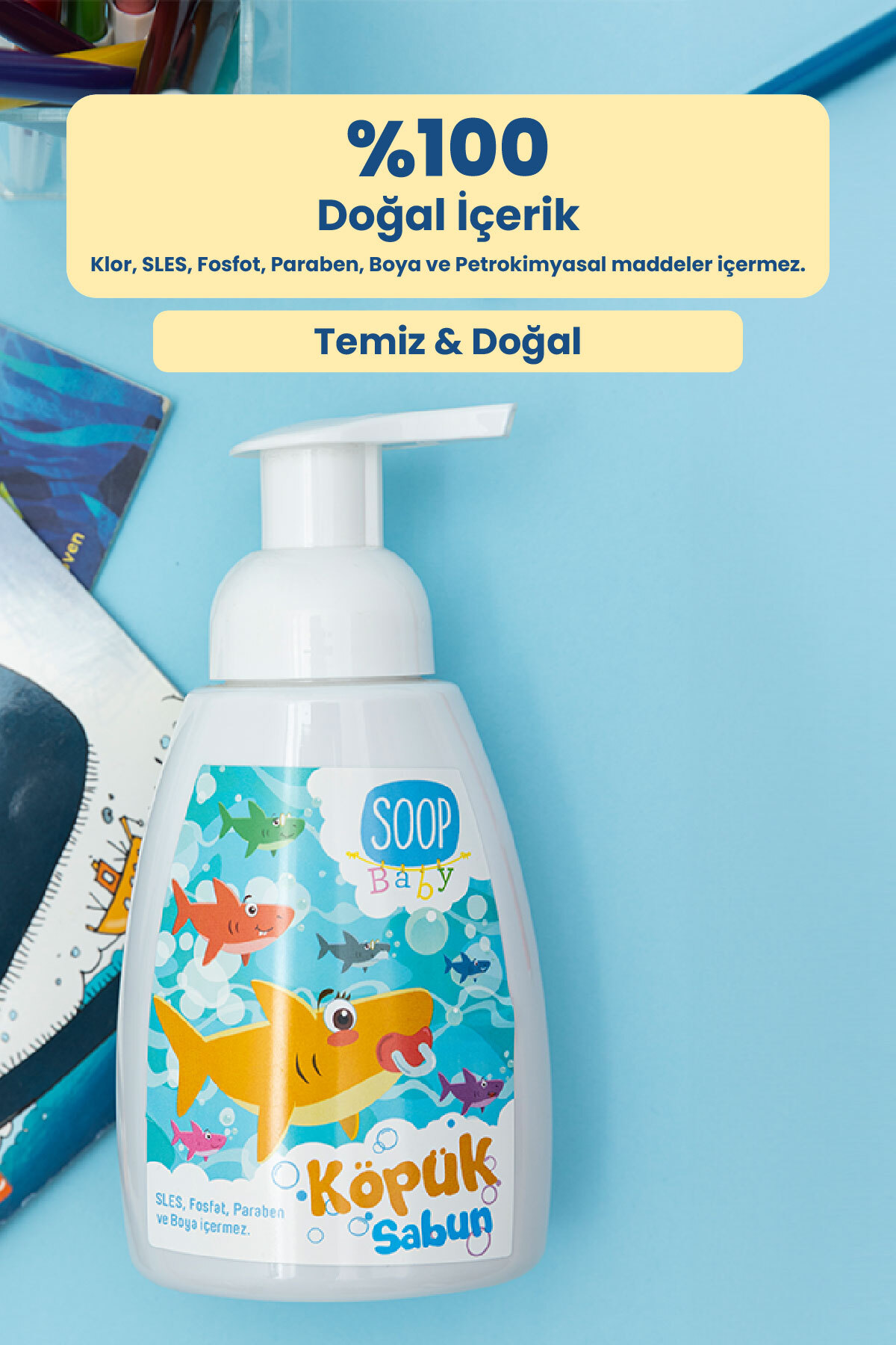 SOOP %100 Doğal Çocuk Köpük Sabun Shark 300 mL Pudra Kokulu Bitkisel Vegan Hipoalerjenik fotoğrafı 3 (önizleme)