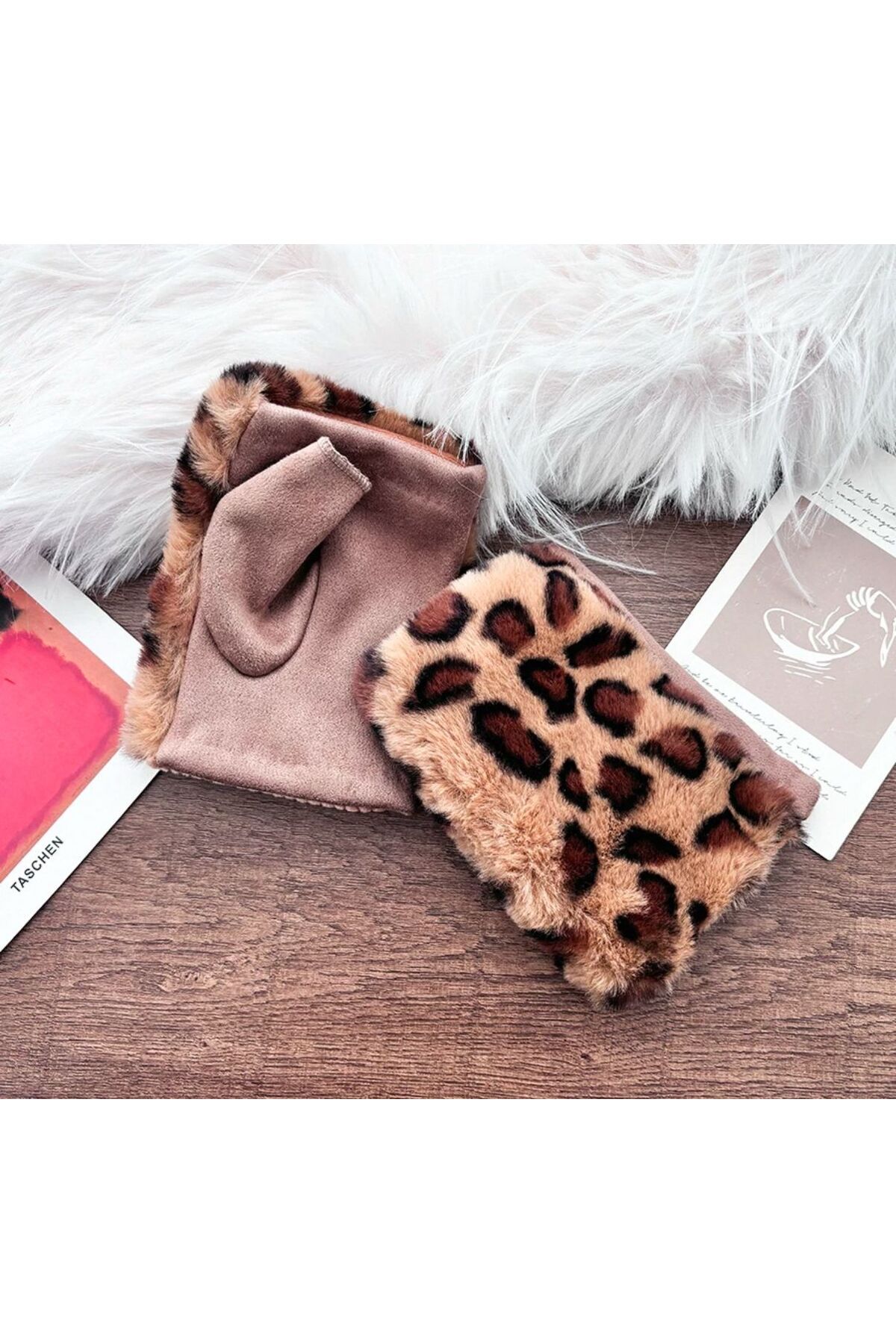 Axesoire 16043 Leopar Desen Peluş Vizon Kesik Eldiven görsel 6