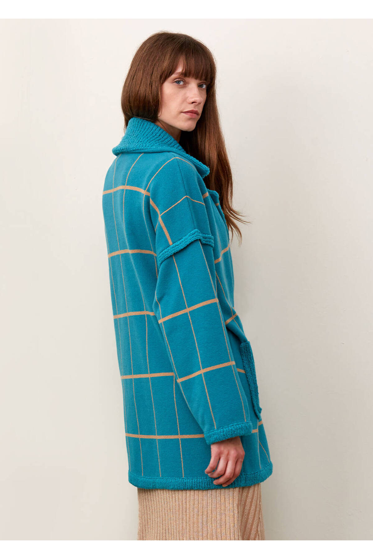 Knitss  Çizgi Desenli Yün Turkuaz Triko Palto - Görsel 7