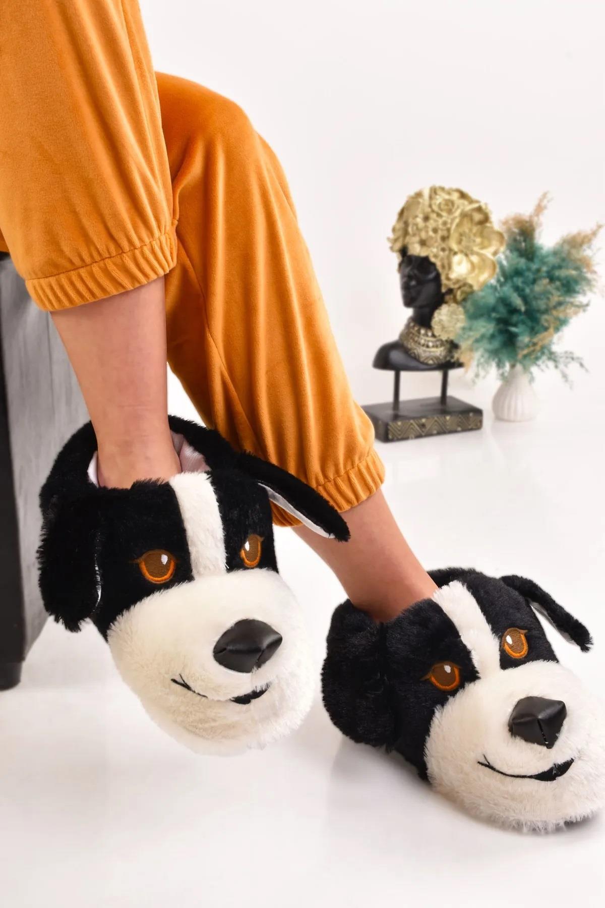 ODESA AYAKKABI MARKET Unisex Köpek Figürlü Gri Taba Peluş Panduf Hayvanlı Ev Botu