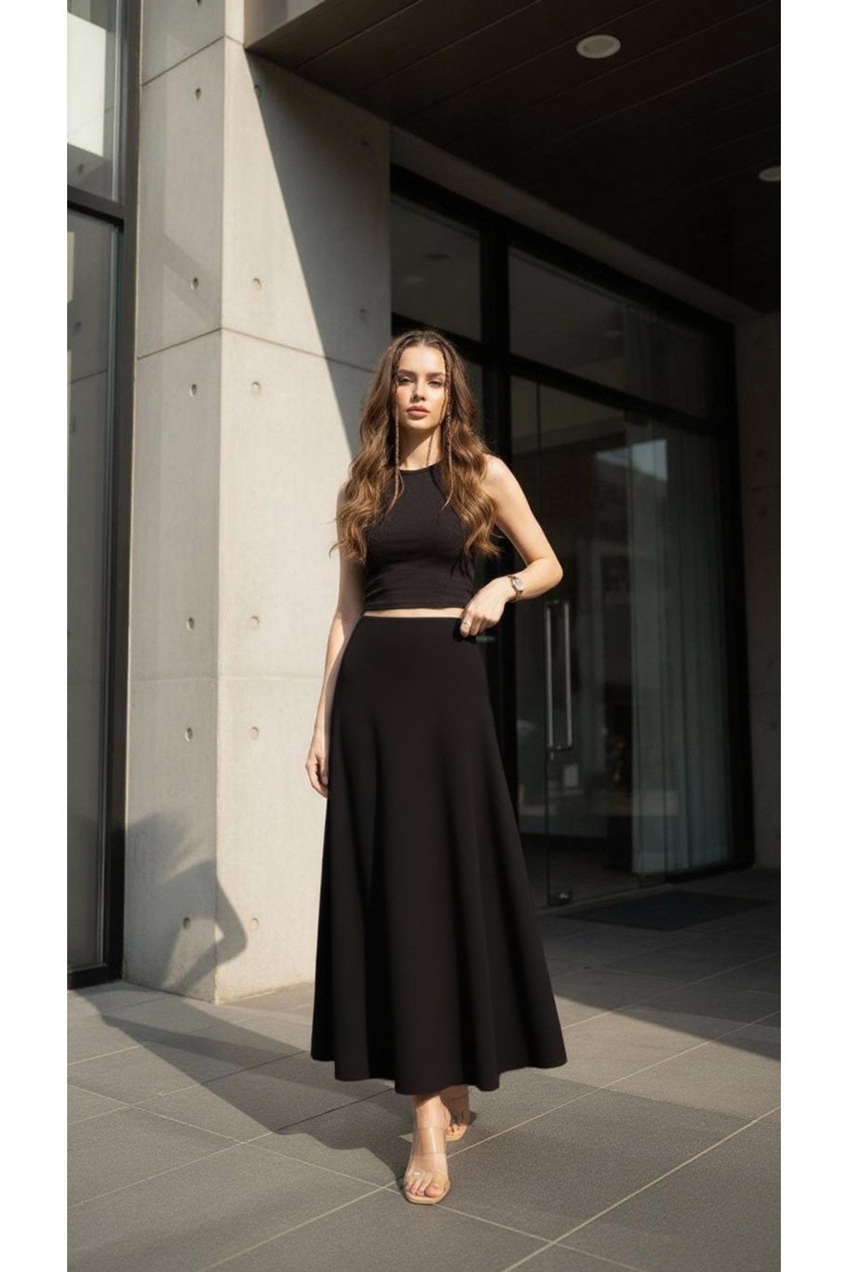 EYYE  Siyah Bürümcük Kloş Kadın Uzun Etek - Görsel 2