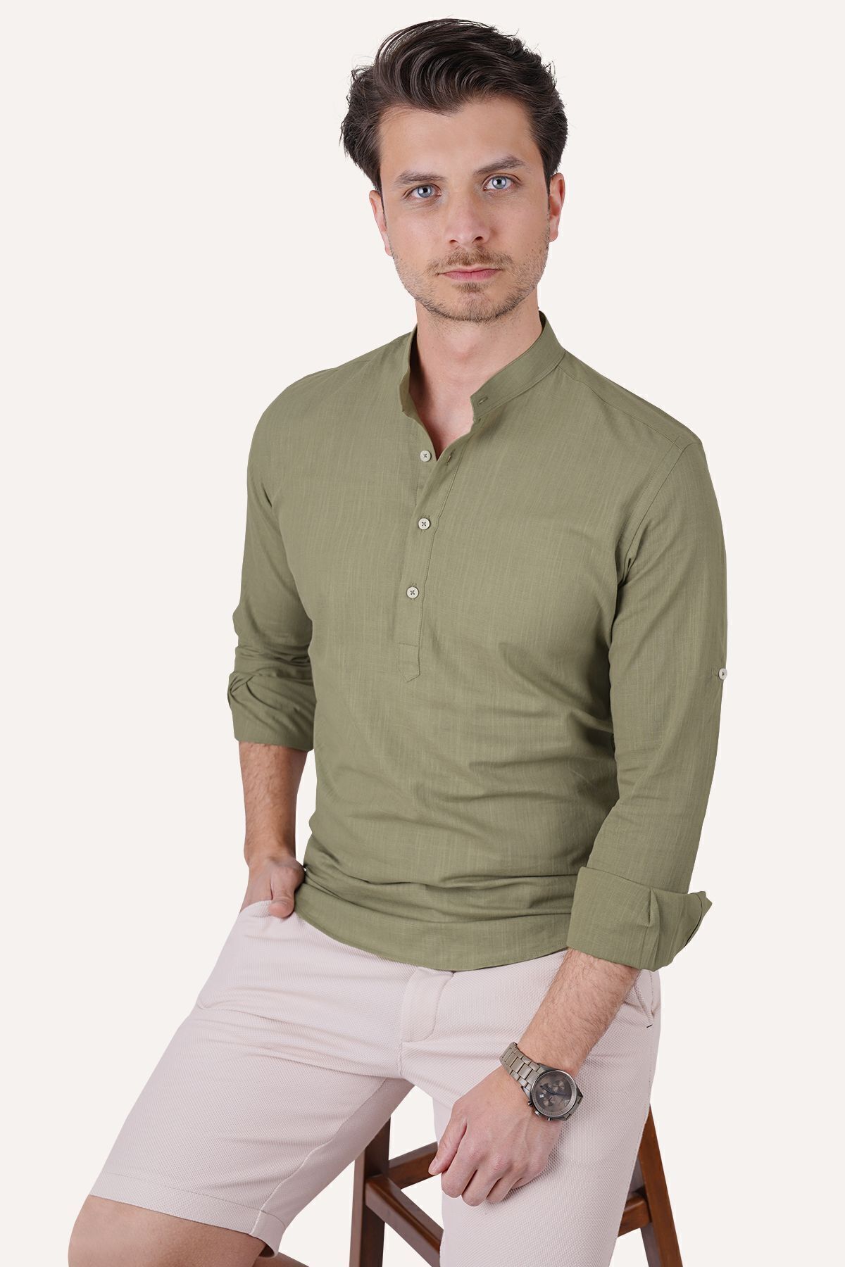 Etikmen  Haki Hakim Yaka Keten Üç Düğmeli Erkek Gömlek - Görsel 4