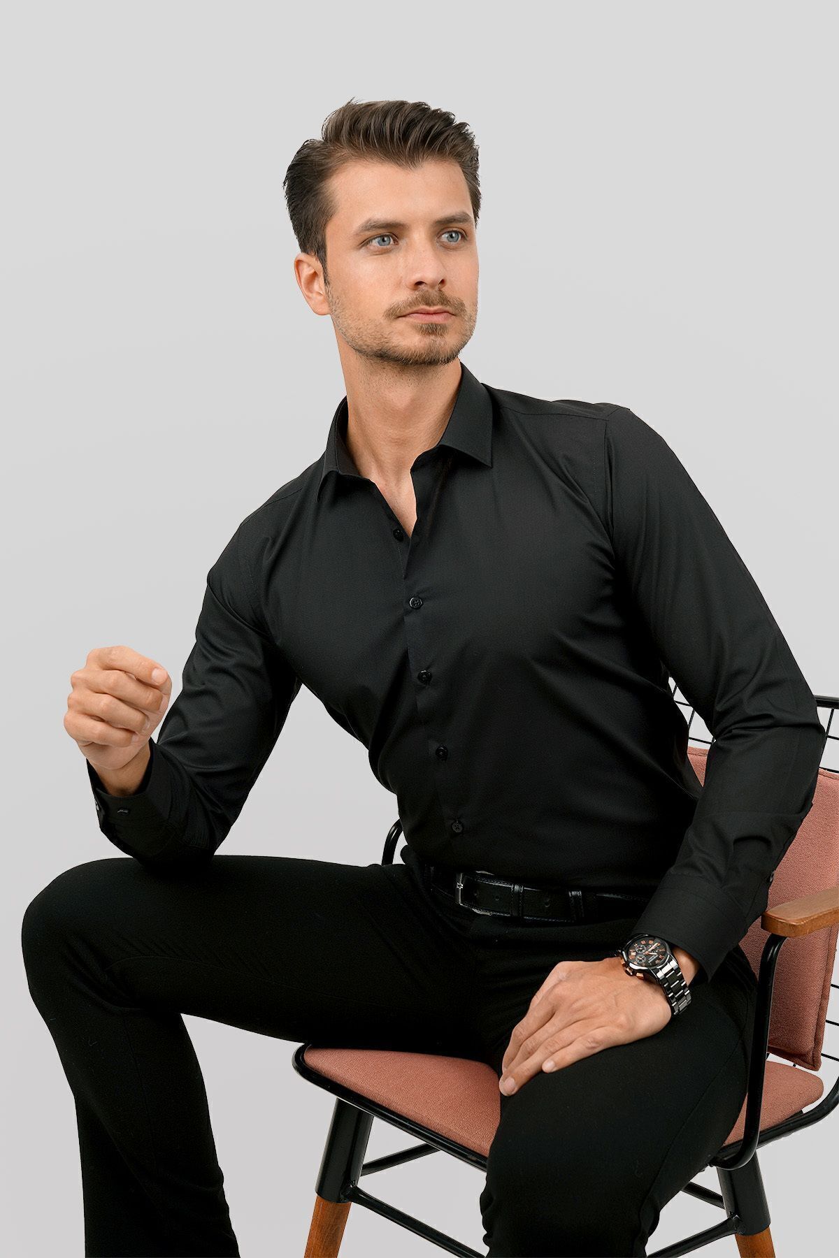 Etikmen  Kolay Ütülenebilir Siyah Dakron Erkek Gömlek - Görsel 4