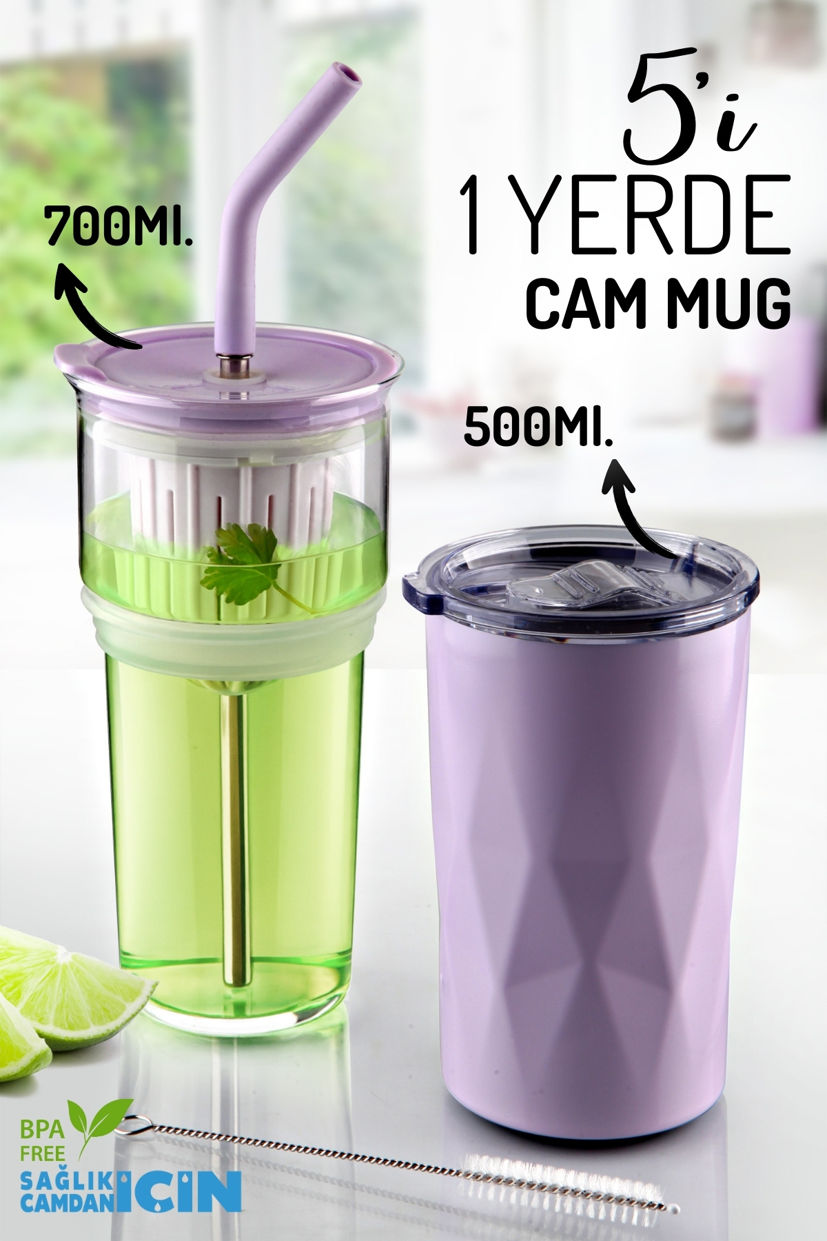 Nandy Home 5’i 1 Yerde Pipetli Mug & Termos Suluk – 700 ml / 500 ml – Sıcak ve Soğuk İçecekler İçin Çok Amaçlı