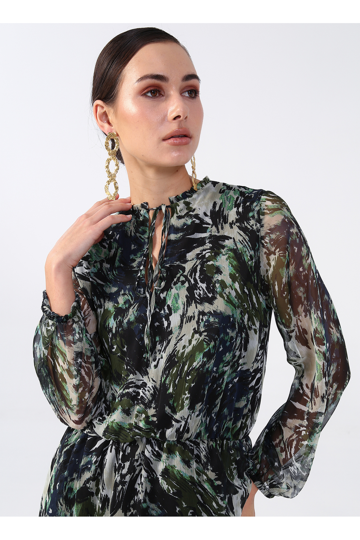 پیراهن میدی زنانه یقه حکیم طرح‌دار سبز - چند رنگ YMN-32