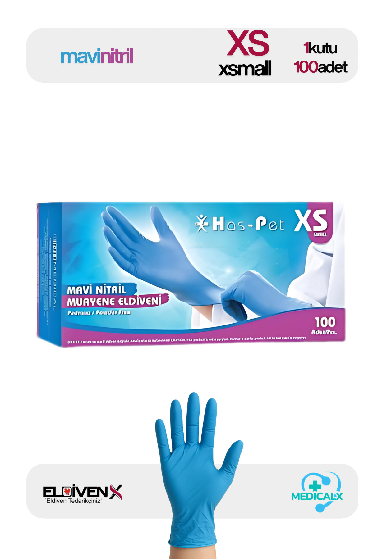 Has-Pet Mavi Nitril Pudrasız Muayene Eldiveni Xsmall 100'lü