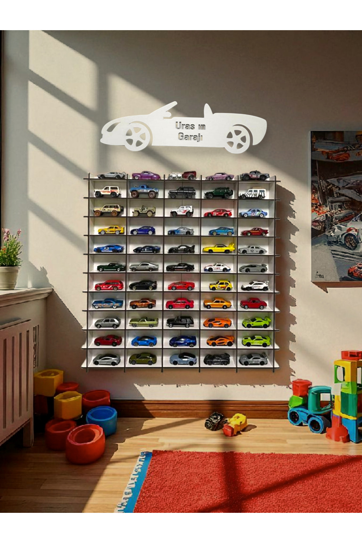 My Kids Room Kişiye Özel İsimlikli Araba Rafı 50'li Beyaz Renk (HOTWHEELS VE MATCBOX ARABALARI IÇİN UYGUNDUR) fotoğrafı 2 (önizleme)