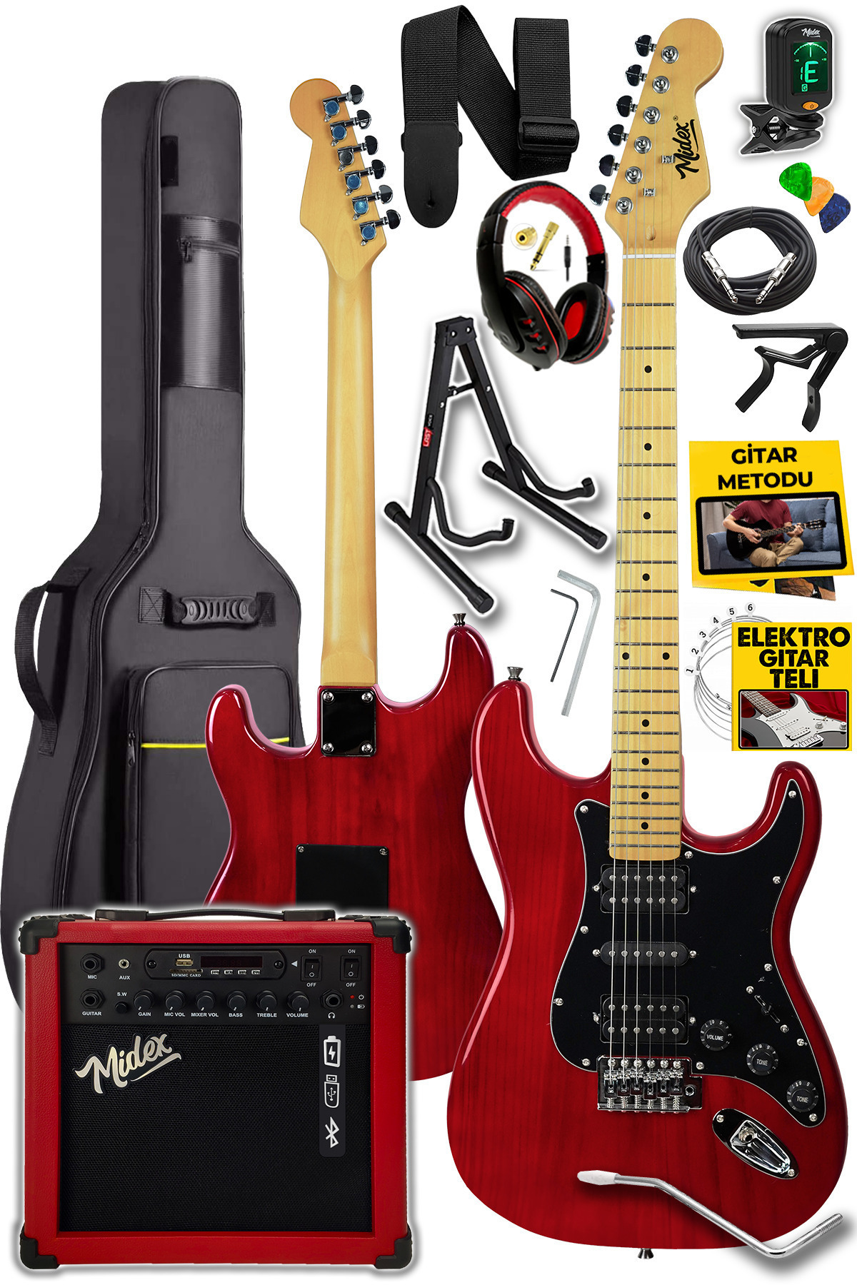 Midex RPH-40RD-25AMP 25W Şarjlı BT Amfili Elektro Gitar Seti HSH