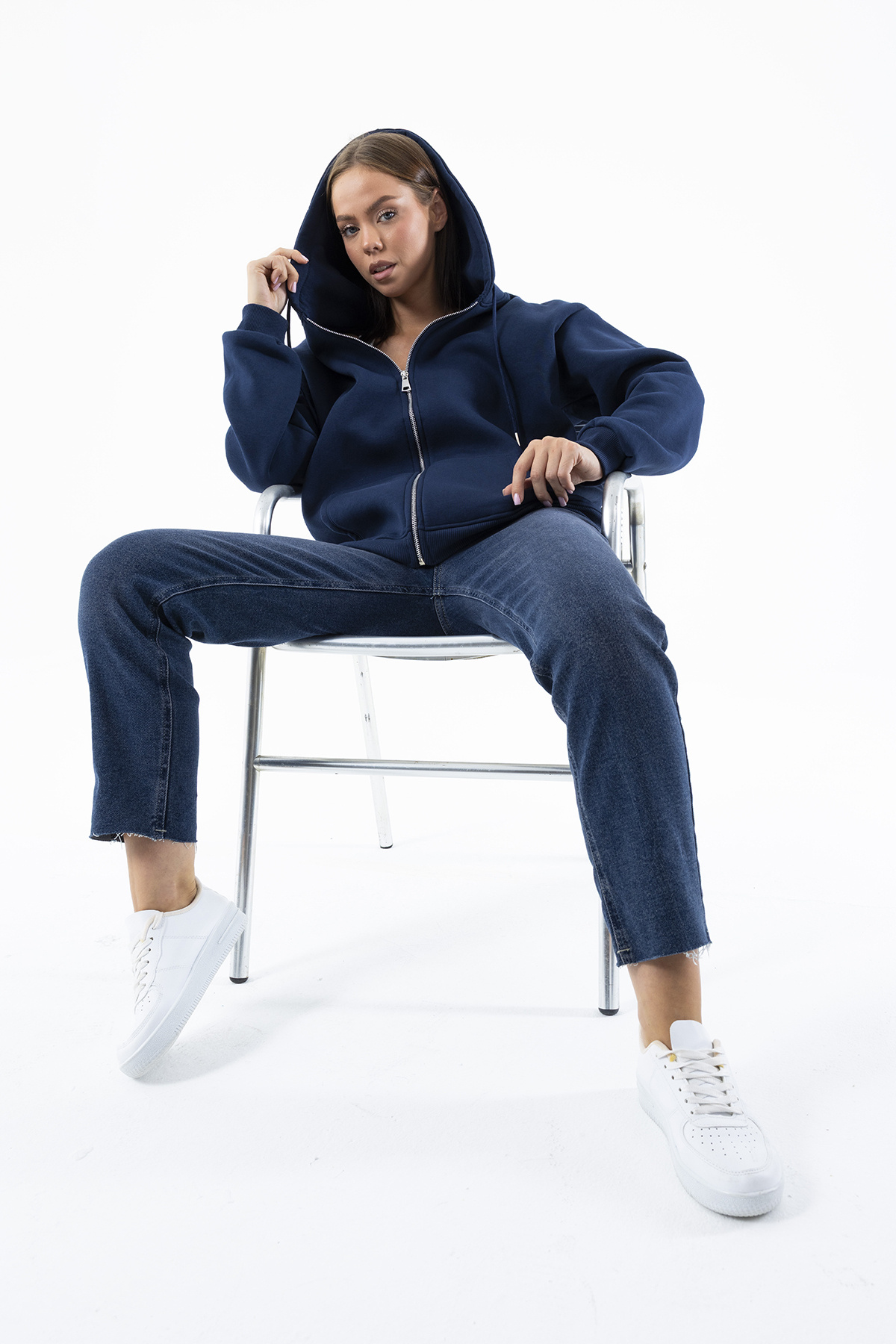 GİYSA Kadın Kapüşonlu Fermuarlı Şardonlu 3ip Sweatshirt Indigo - 9015 - 264401 görsel 6