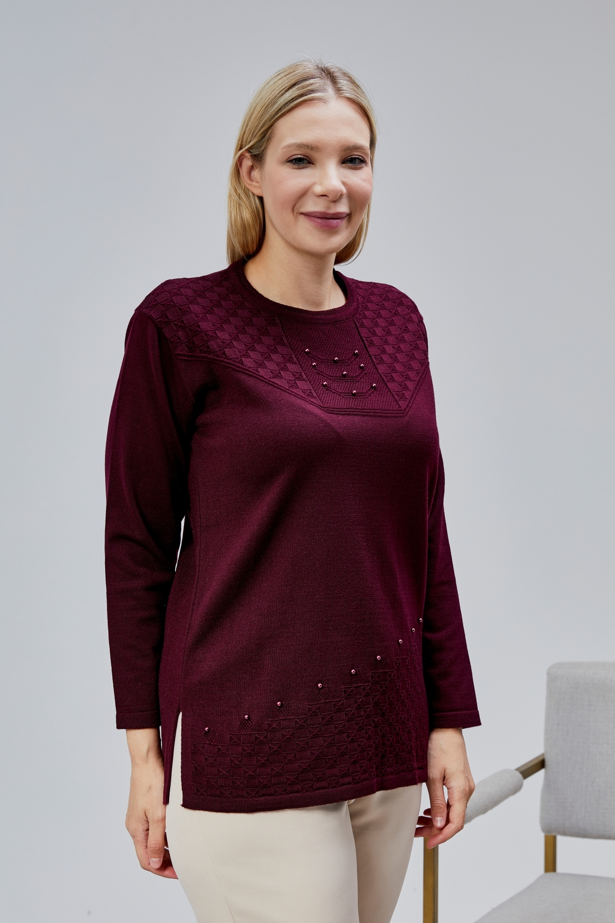 Jinx Wear Fashion  Kadın Triko Yaka İnci Detay Kışlık Orta Yaş Günlük Anne Bluz Kazak - Görsel 7