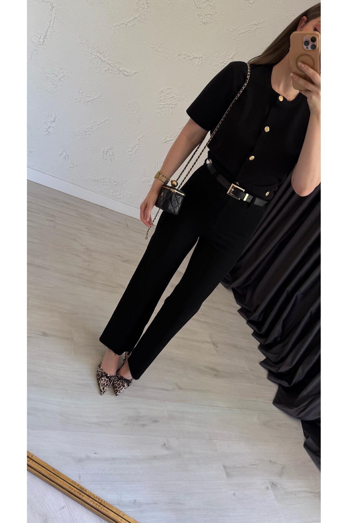 elif teke  Likralı Kendinden Kemerli Jean Siyah - Görsel 2