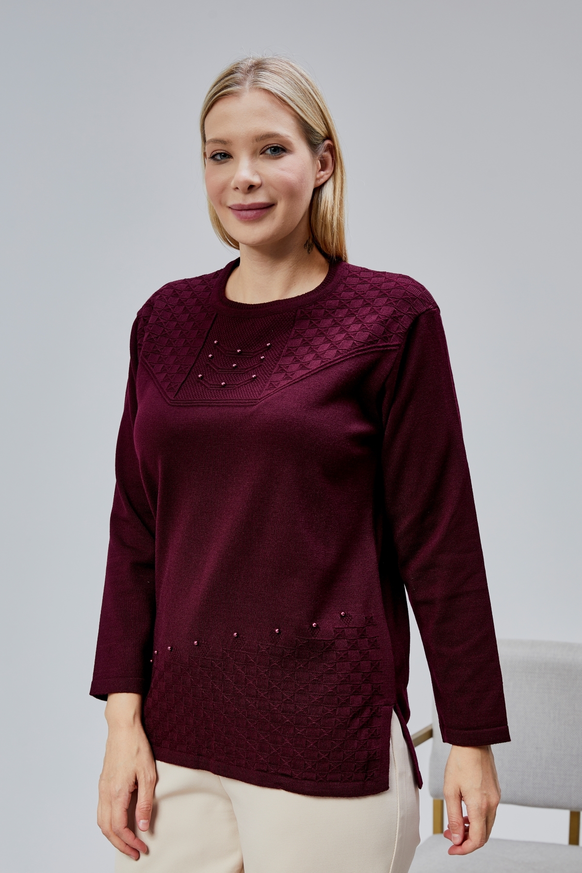 Jinx Wear Fashion  Kadın Triko Yaka İnci Detay Kışlık Orta Yaş Günlük Anne Bluz Kazak - Görsel 8