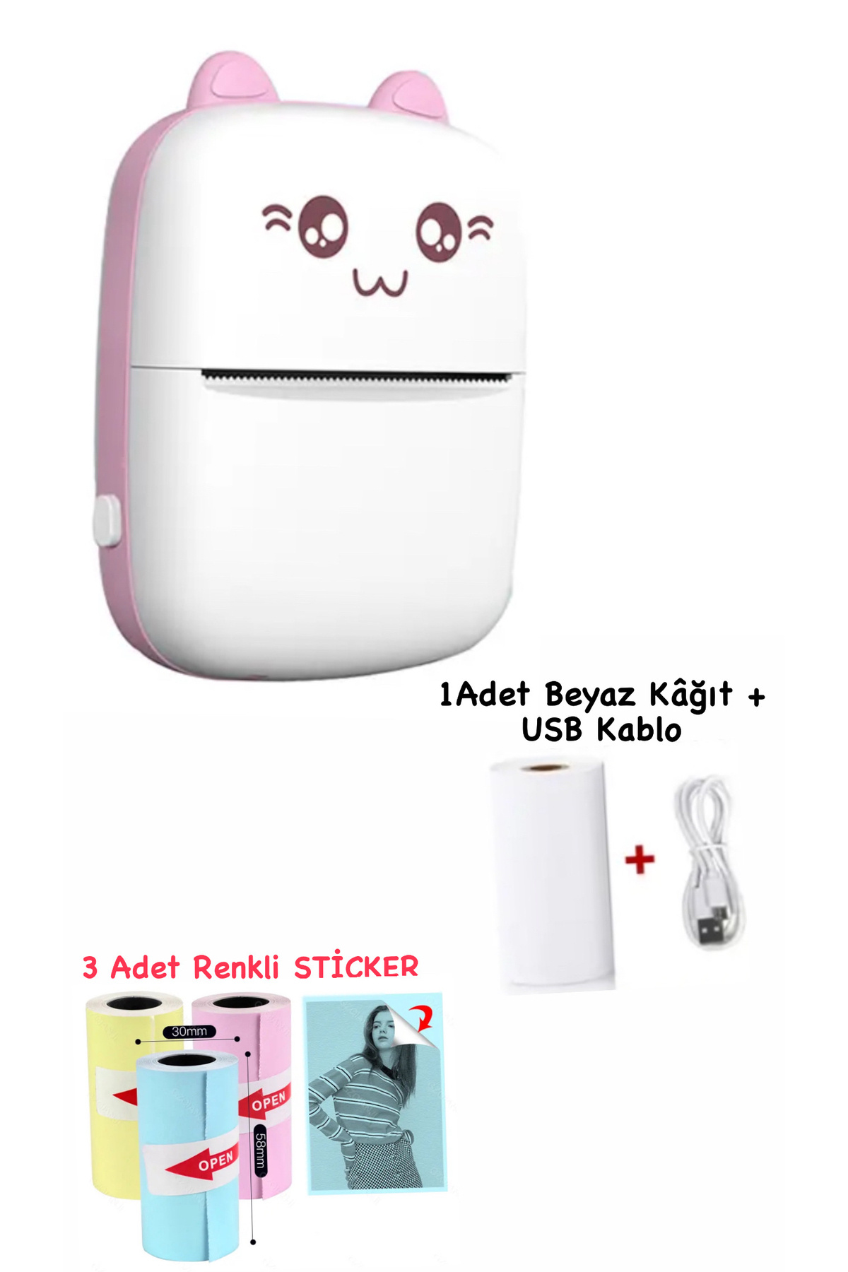 Schulzz Mini Termal Taşınabilir Yazıcı Pembe, 1 Adet Beyaz Kağıt