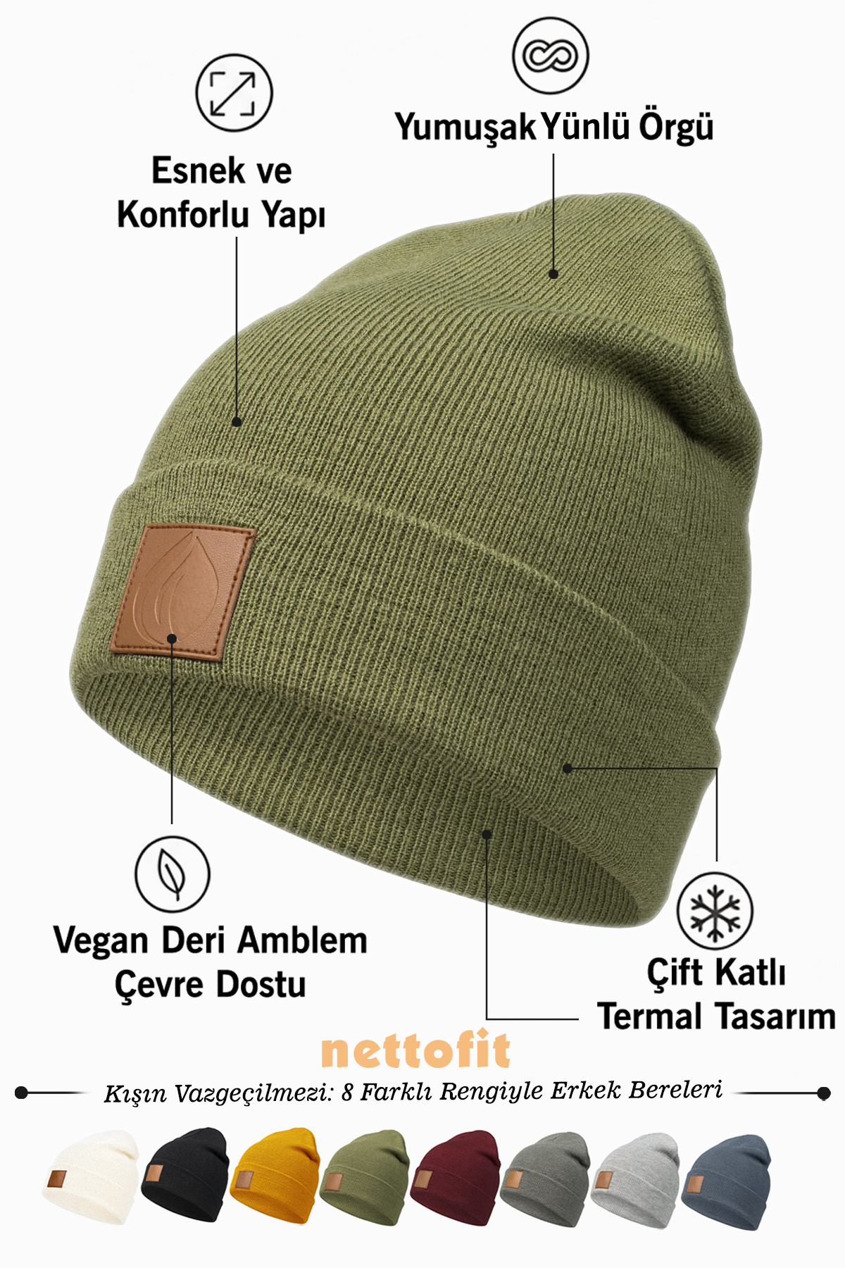 nettofit Erkek Kışlık Deri Etiket Detaylı Haki Yün Bere
