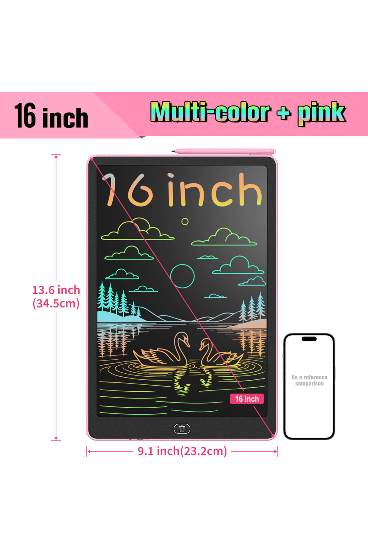 تبلت نوشتاری LCD صورتی ۱۶ اینچی، تخته طراحی الکترونیکی بزرگ با رنگ‌های زنده، صفحه قابل پاک شدن