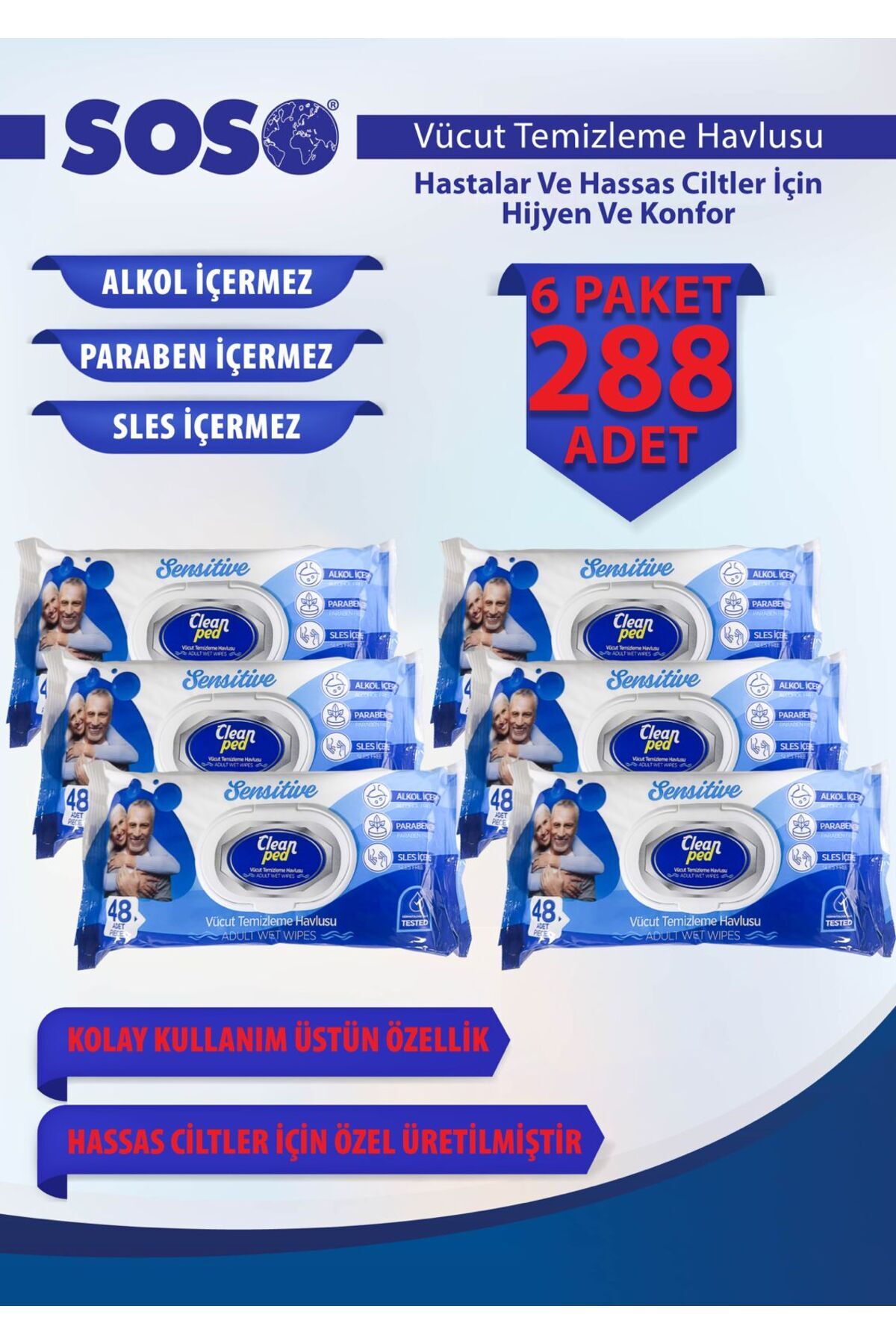 SOSOmarket 6X48 Yaprak – Cleanped Geniş Formüllü Vucut ve Hasta Temizleme Mendili