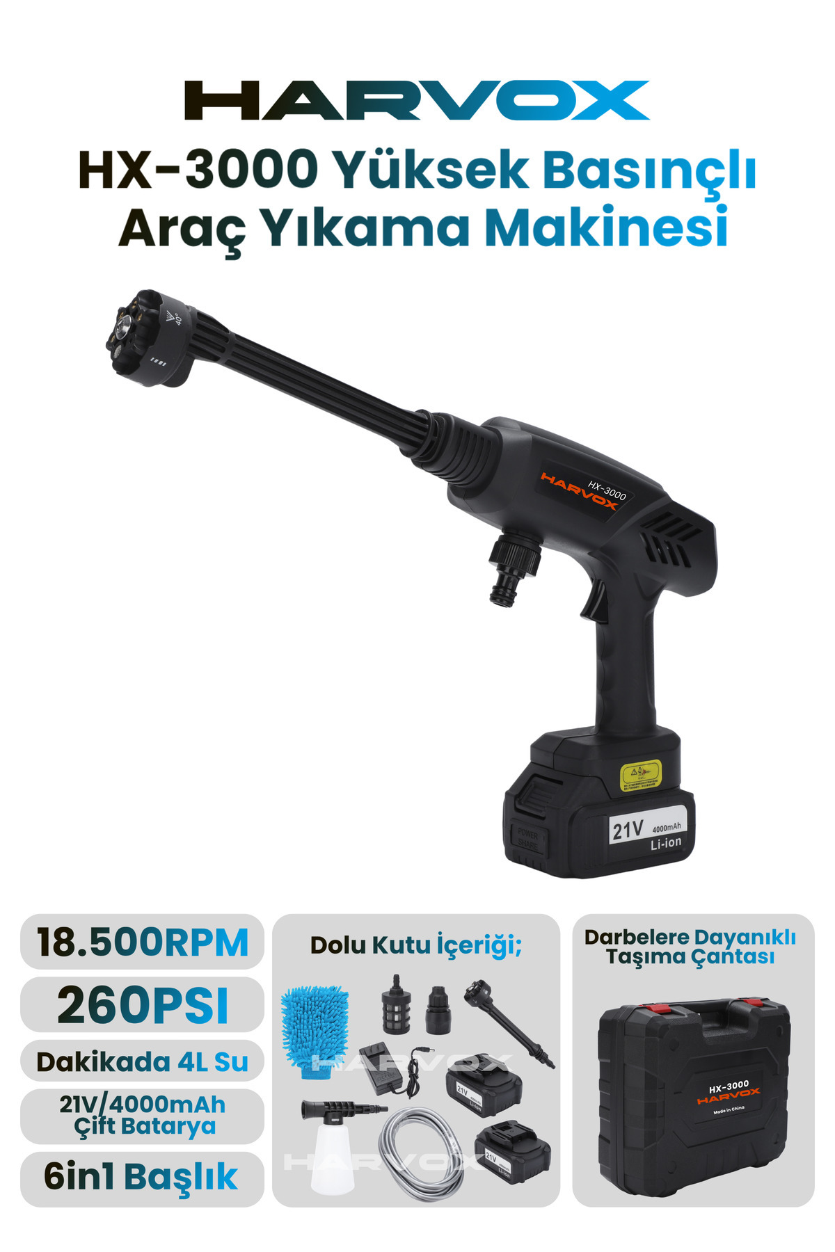 HARVOX HX-3000 Yüksek Basınçlı Araç Yıkama Makinesi 260PSI 18.500RPM 4000mAh Çift Batarya Yıkama Tabancası