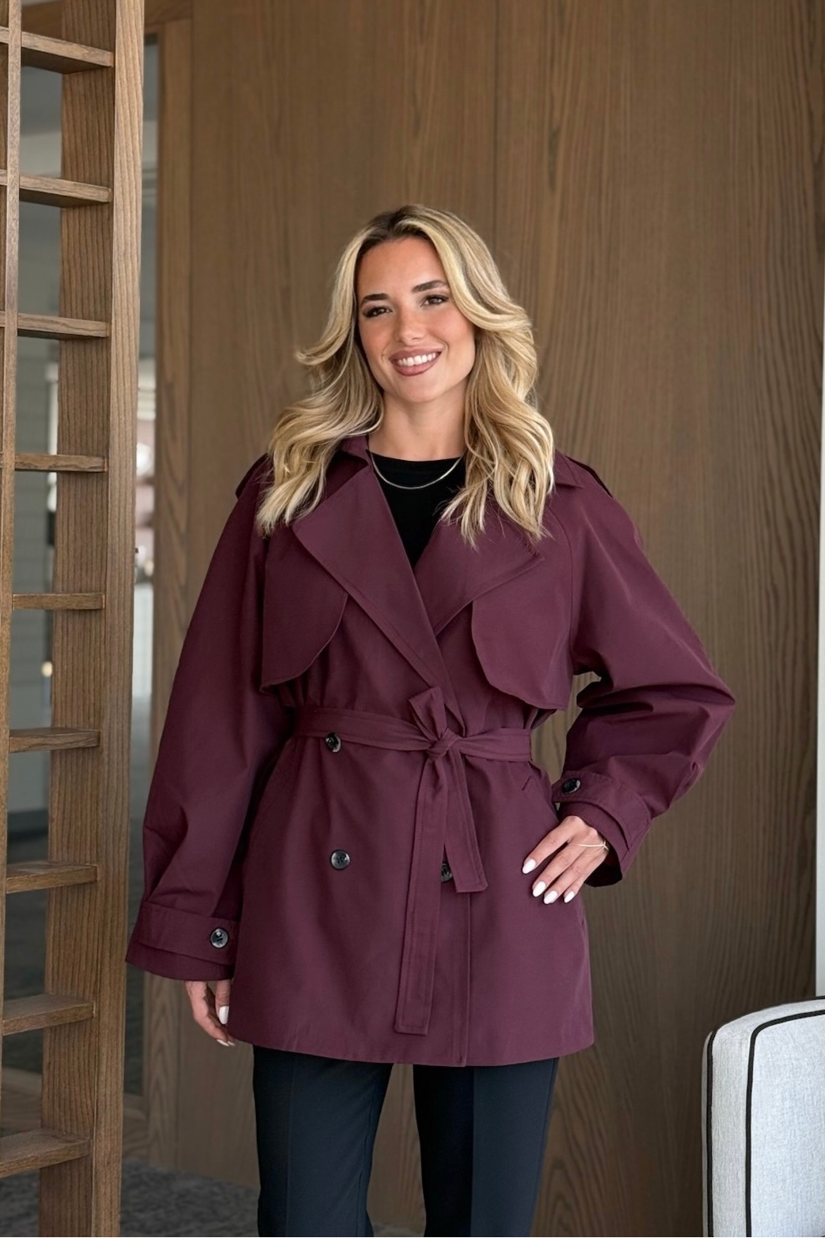 Laluvia Bordo Miyabi Windbreaker Detailed Belted Short Trench Coat - 7556