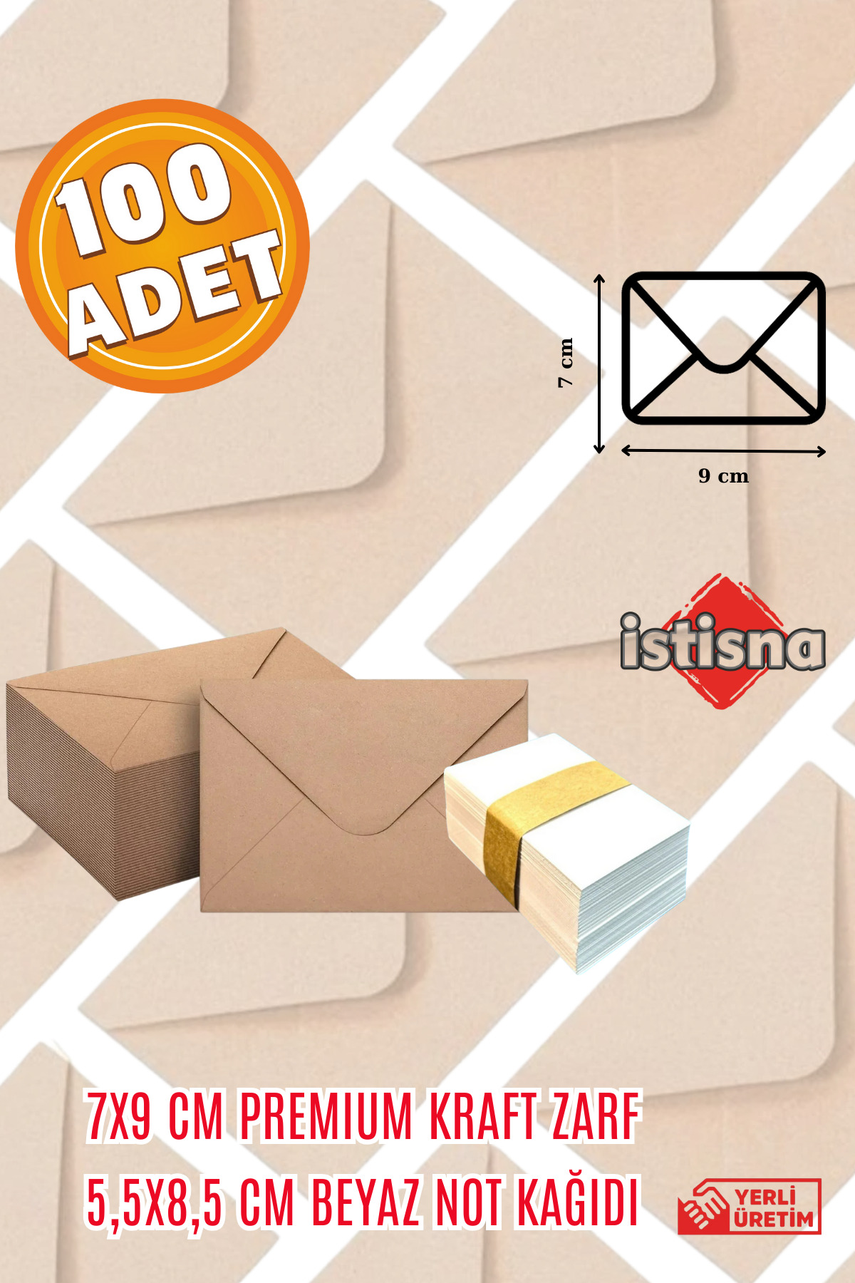 İstisna 100 Adet 7x9 Cm Kraft Zarf Beyaz Not Kağıdı Sevimli Mini