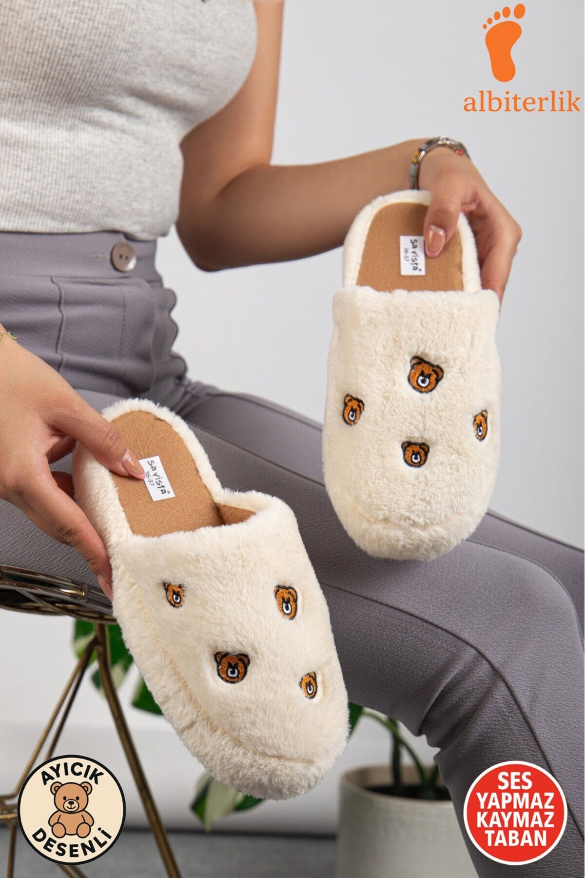 AlbiShoes Unisex Kadın Ayıcık Desen Pofuduk Çeyiz Bohça Ev Terliği Ses Yapmaz Kaymaz Taban Ev Terlik