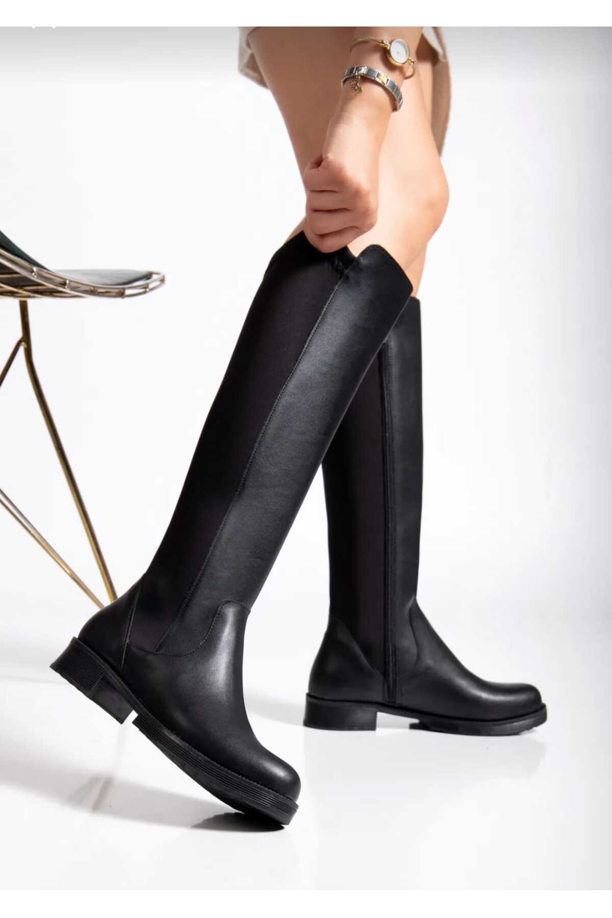 ALFHA  Kadın Siyah Uzun Çizme Diz Altı, Rahat Kaymaz Taban, Kışlık Şık Deri Görünümlü Çizme - Görsel 2