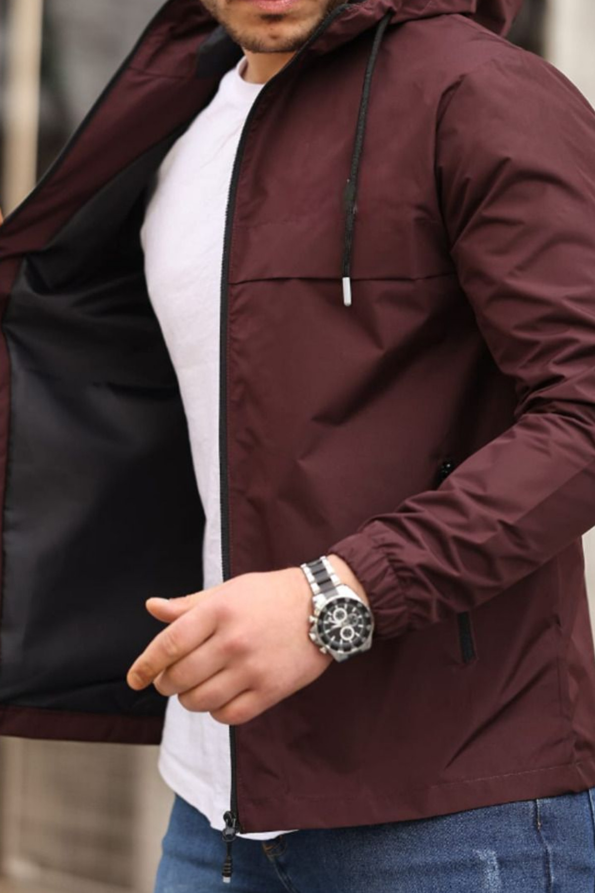 comstar  Erkek Astarlı Kapşonlu Bordo Rüzgarlık & Yağmurluk - Görsel 6