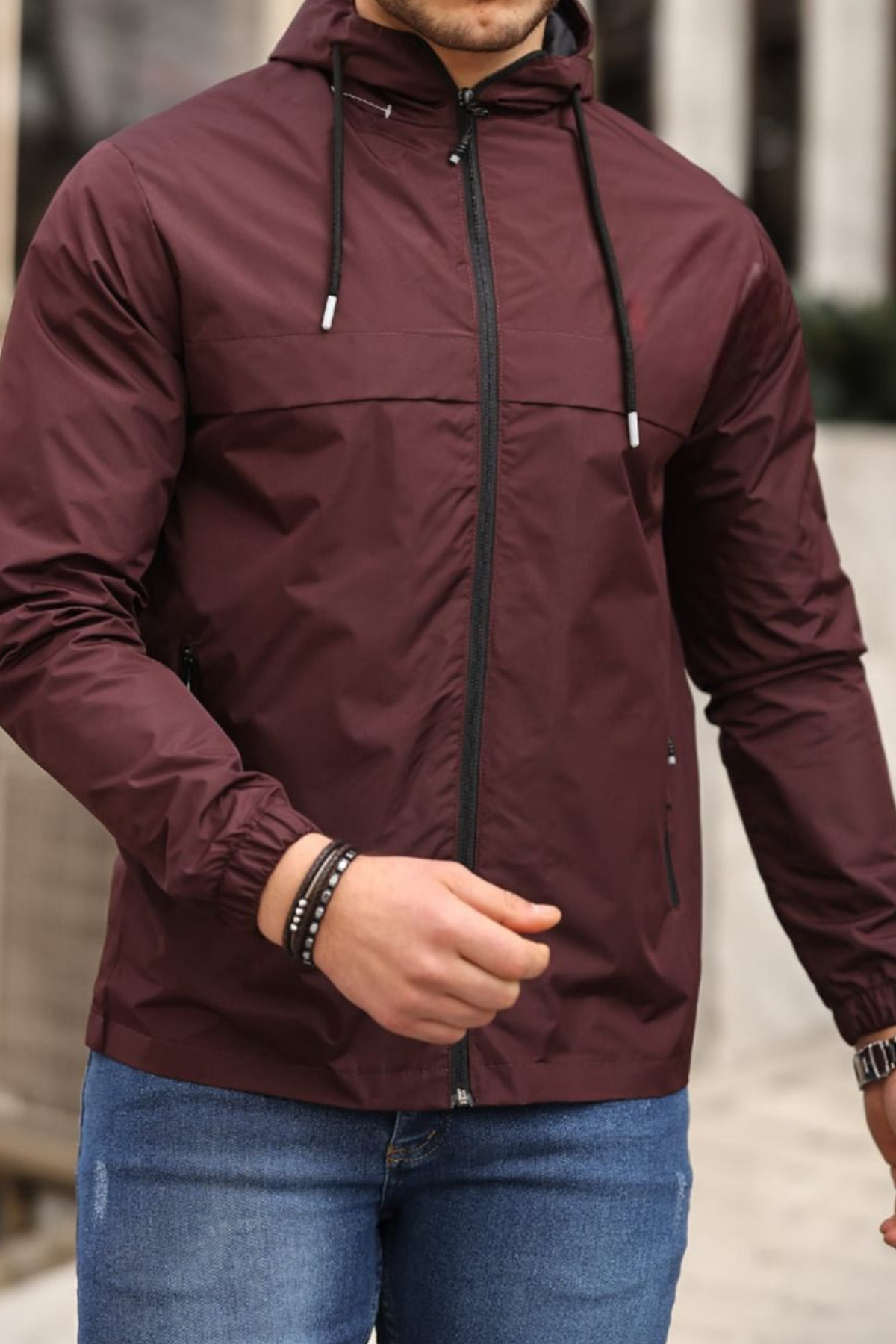 comstar  Erkek Astarlı Kapşonlu Bordo Rüzgarlık & Yağmurluk - Görsel 3