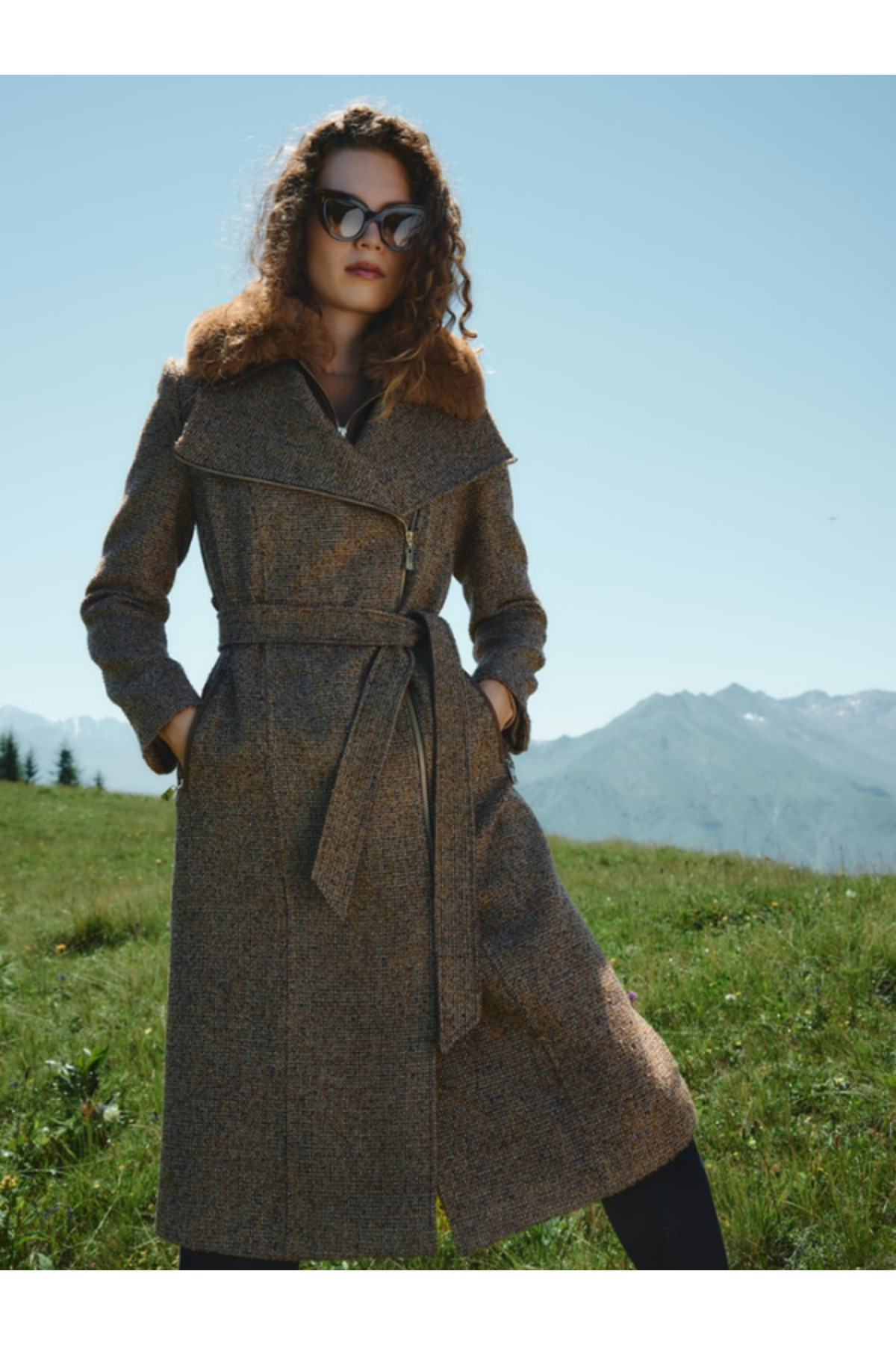 Zühre Kadın Kuşaklı Kürk Yakalı Taba Kaban 13870