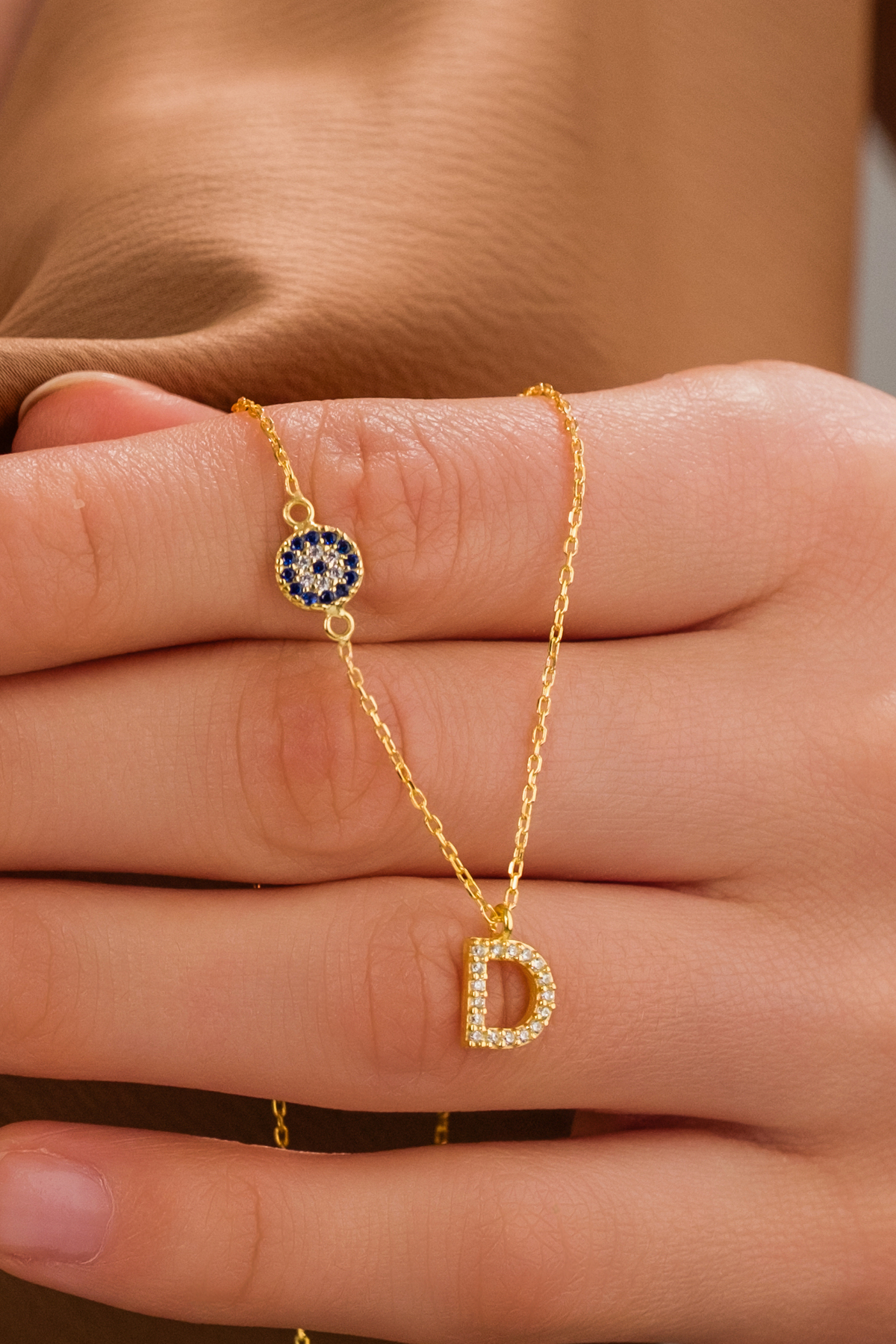 ZAHAP GOLD Nazar Detaylı 925 Gümüş Kişiye Özel Harf Kolye - D Harfli Kolye