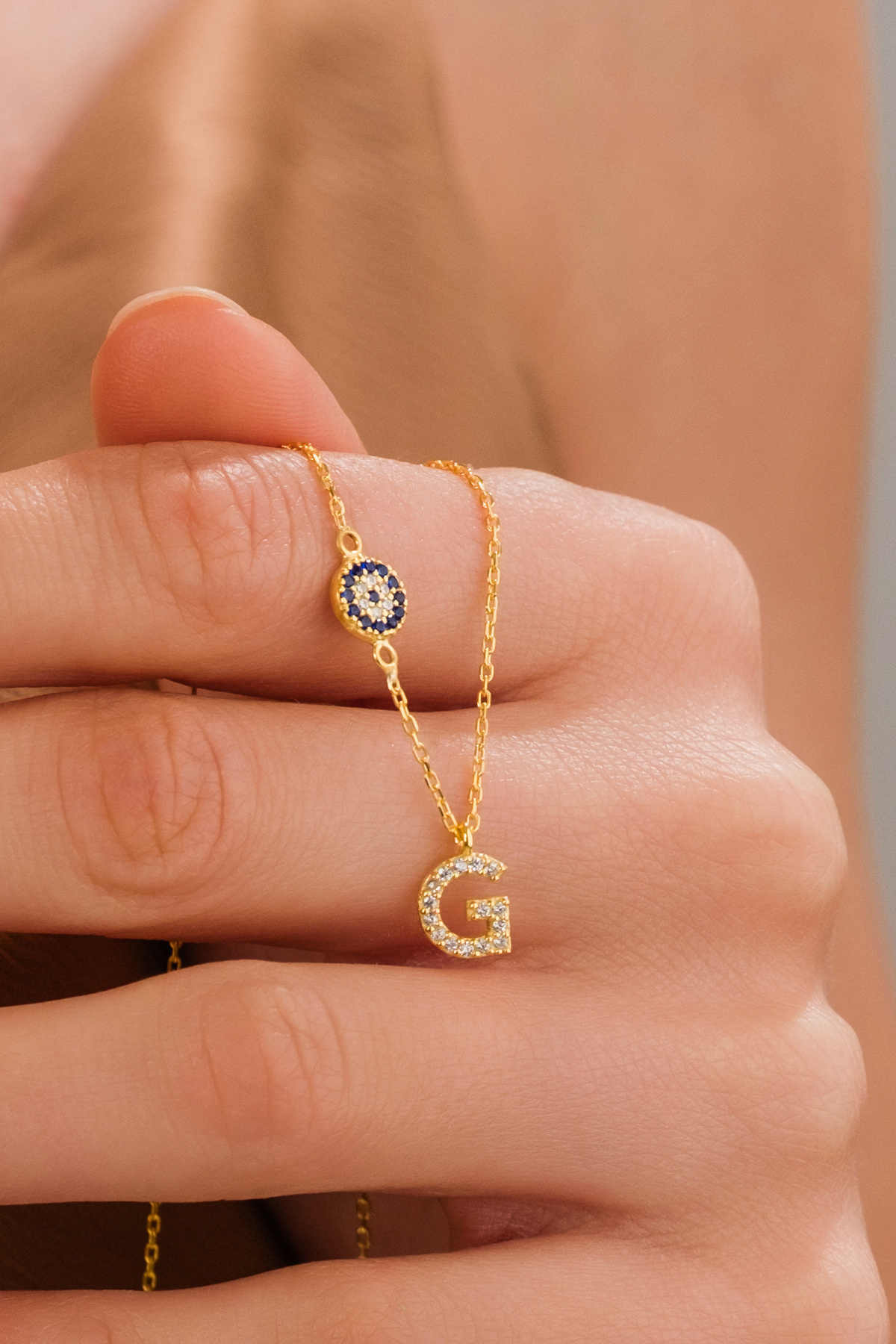 ZAHAP GOLD Nazar Detaylı 925 Gümüş Kişiye Özel Harf Kolye - G
