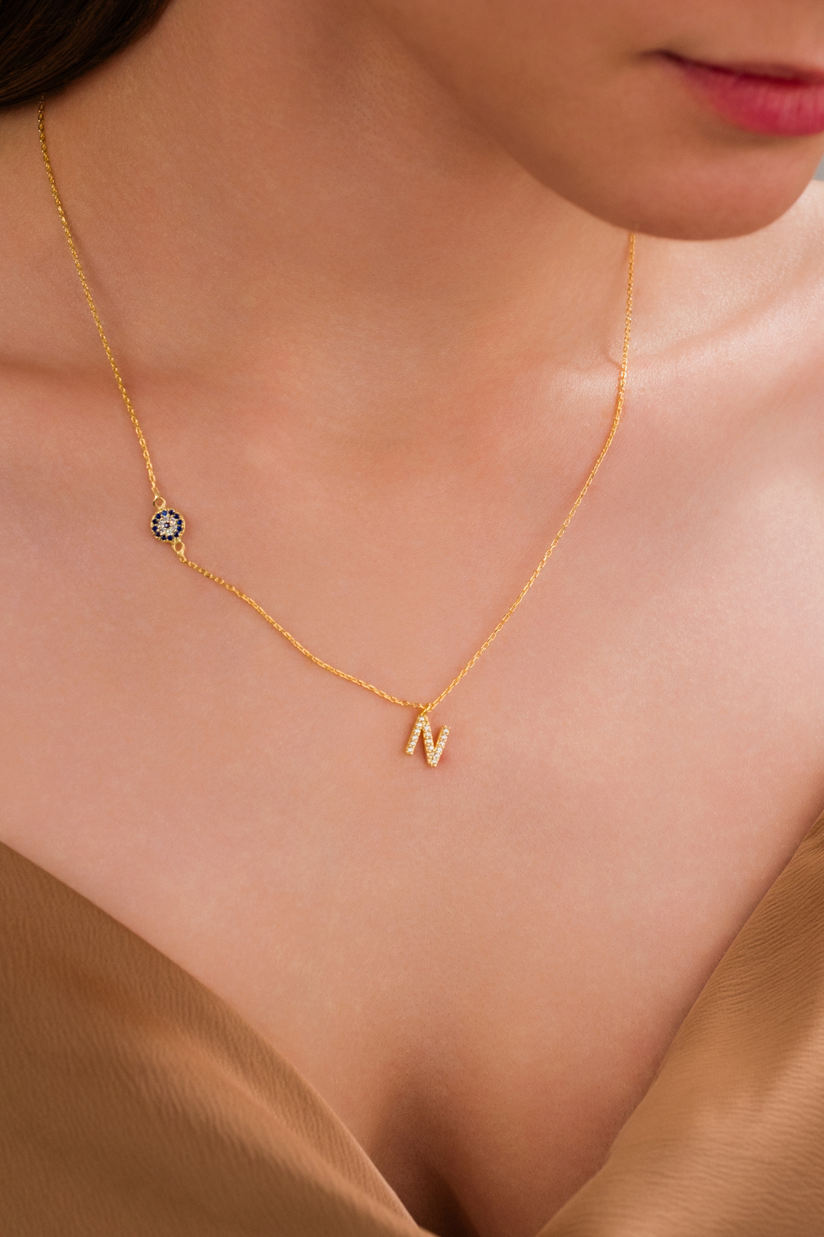 ZAHAP GOLD Nazar Detaylı 925 Gümüş Kişiye Özel Harf Kolye - N Harfli Kolye görsel 2