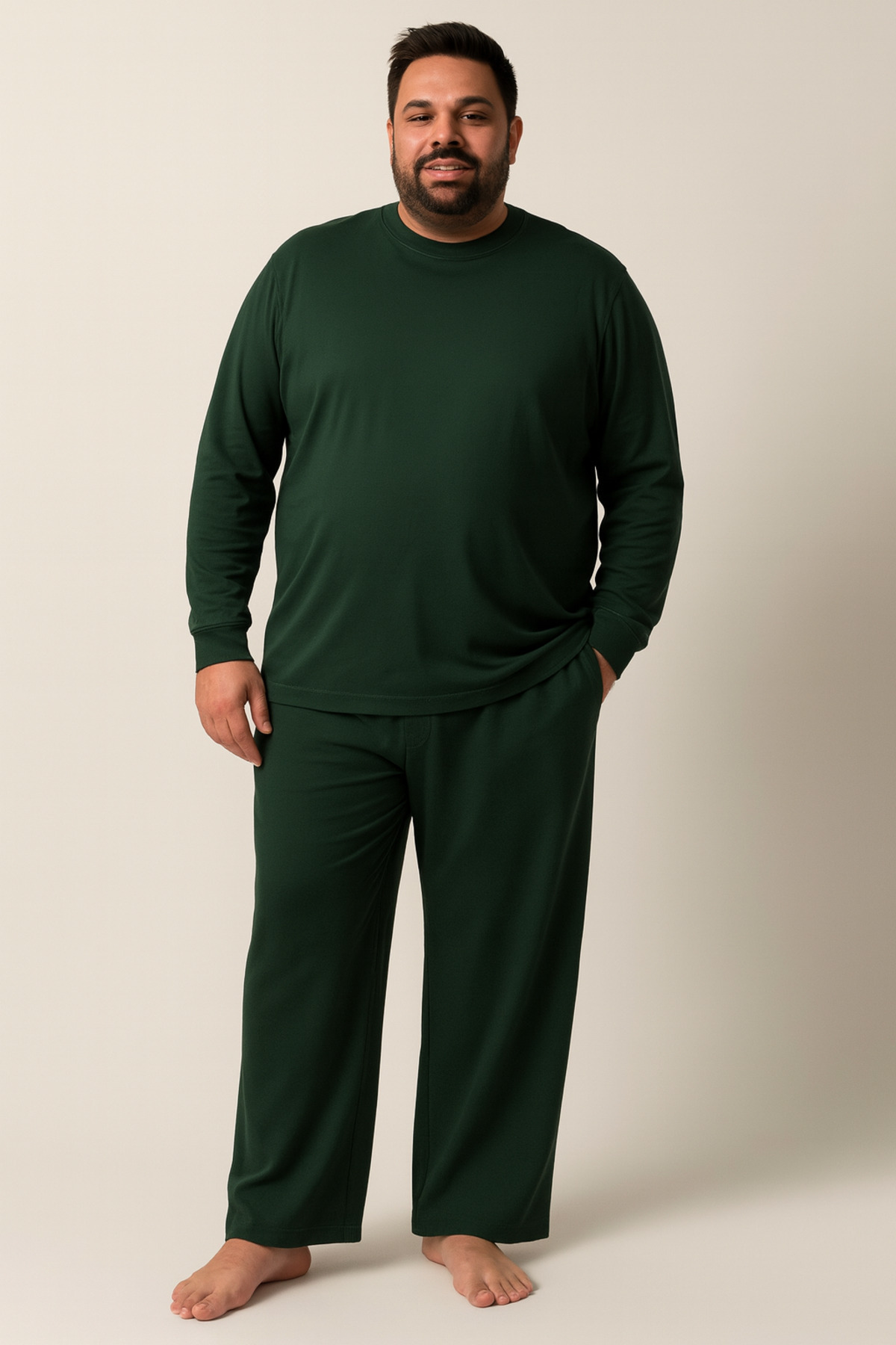 Gül Büyük Beden %100 Pamuk Penye Erkek Pijama Takımı Rahat ve Şık Uzun Kollu Üst ve Alt