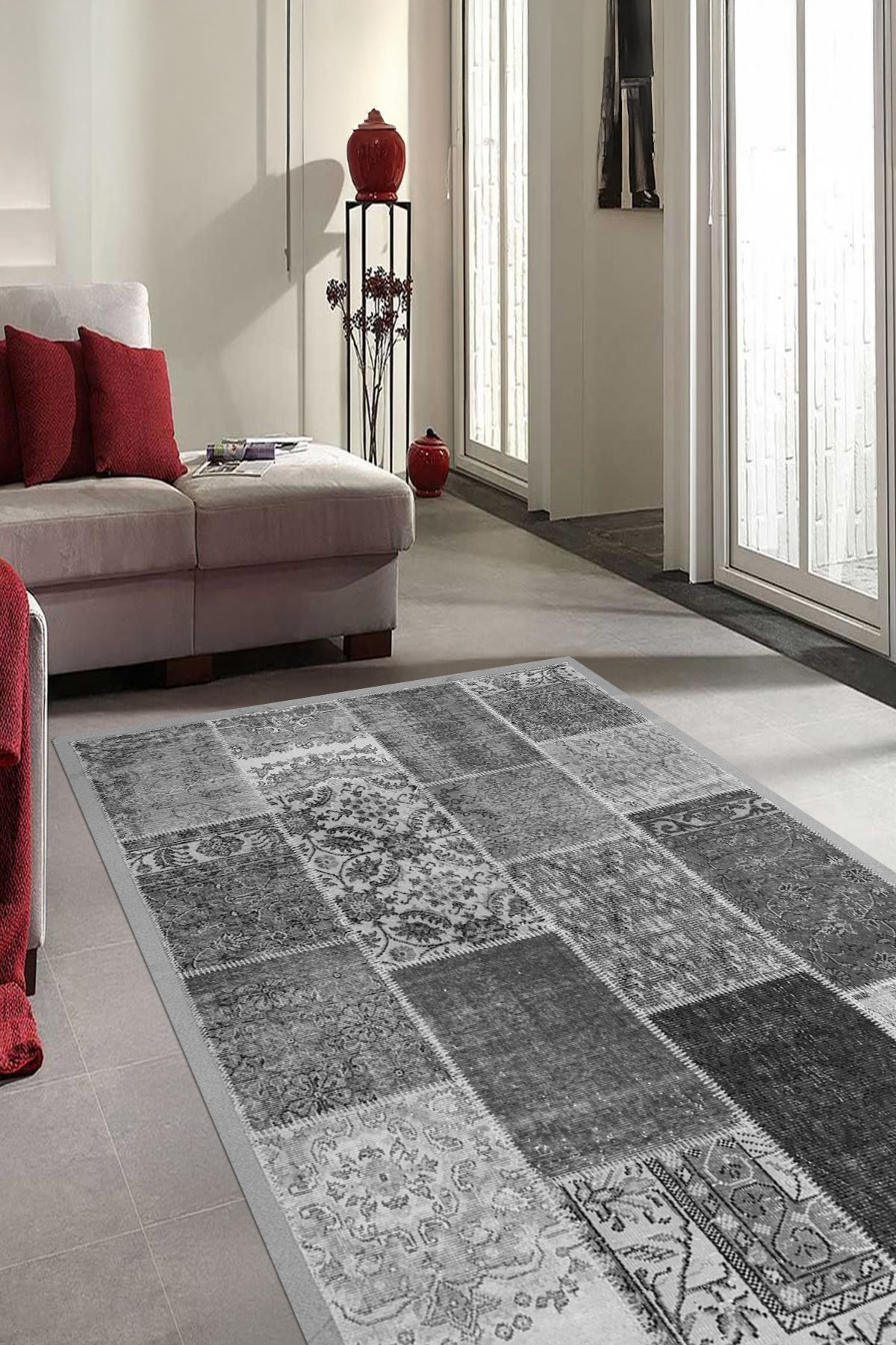 Plain Patterned Patchwork Runner Living Room Rug with Digital Printed Washable and Non-Slip Base