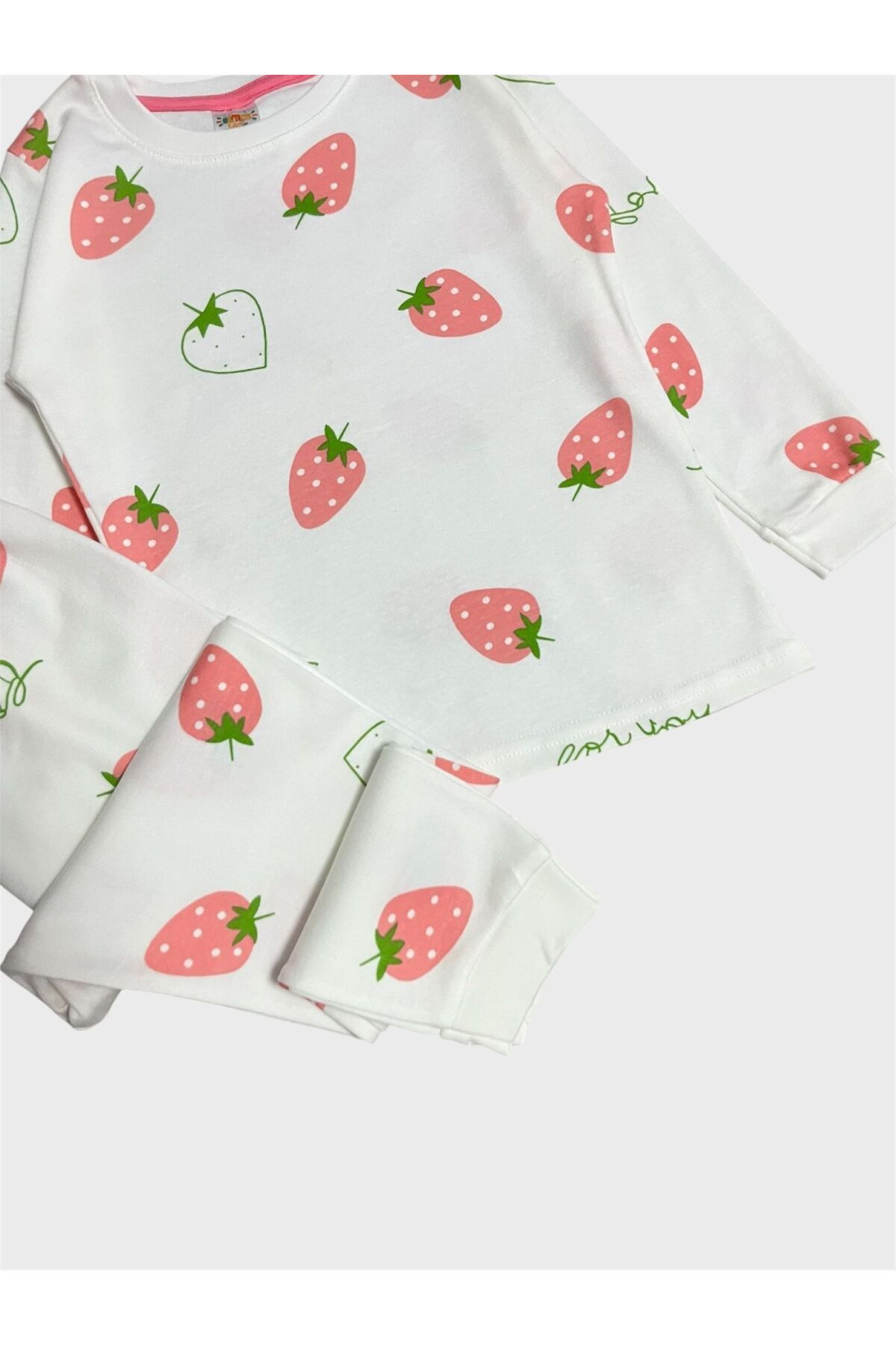 ALİŞ KİDS Kız Çocuk %100 Pamuklu Beyaz Çilek Desenli Uzun Kollu Pijama Takımı fotoğrafı 2 (önizleme)