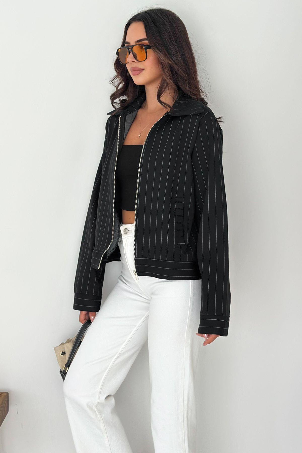 Noa Noa  Kadın Metal Fermuarlı Çizgili Ceket – Şehirli & Zamansız Stil - Görsel 6