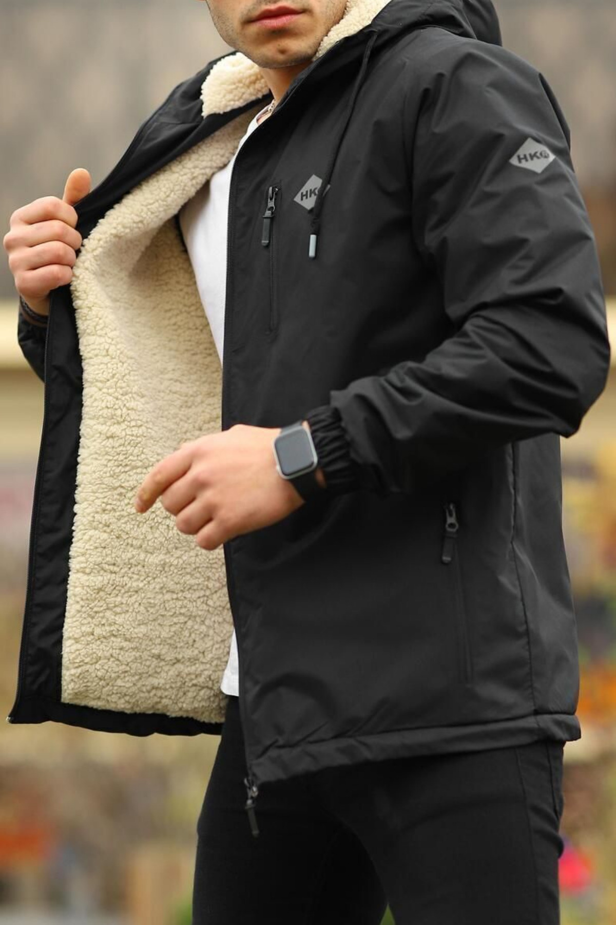 comstar Erkek Dar Siyah İçi Peluş Kürk Rüzgarlık & Yağmurluk görsel 4