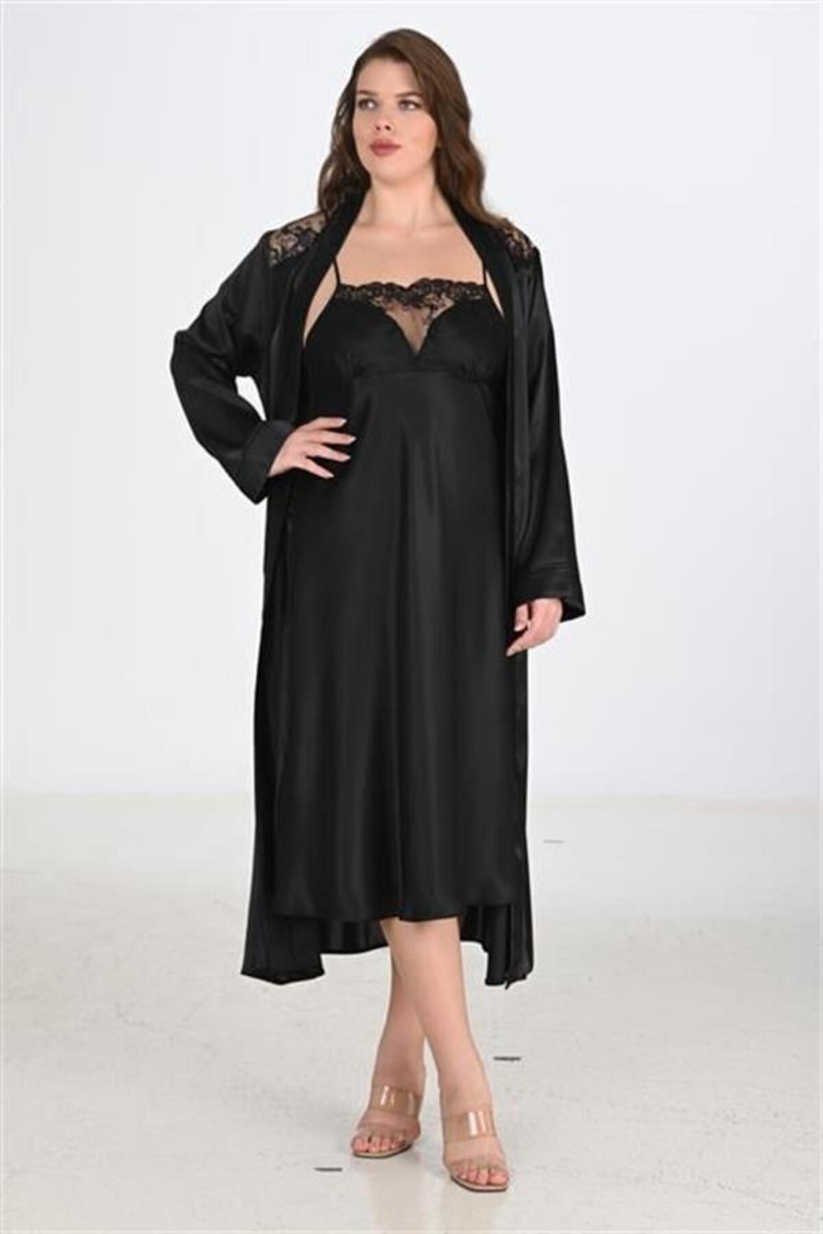 Aria's Closet Arias Closet Premium Büyük Beden Saten Dantel İşlemeli Siyah 2'li Gecelik Sabahlık Takımı Bigsize