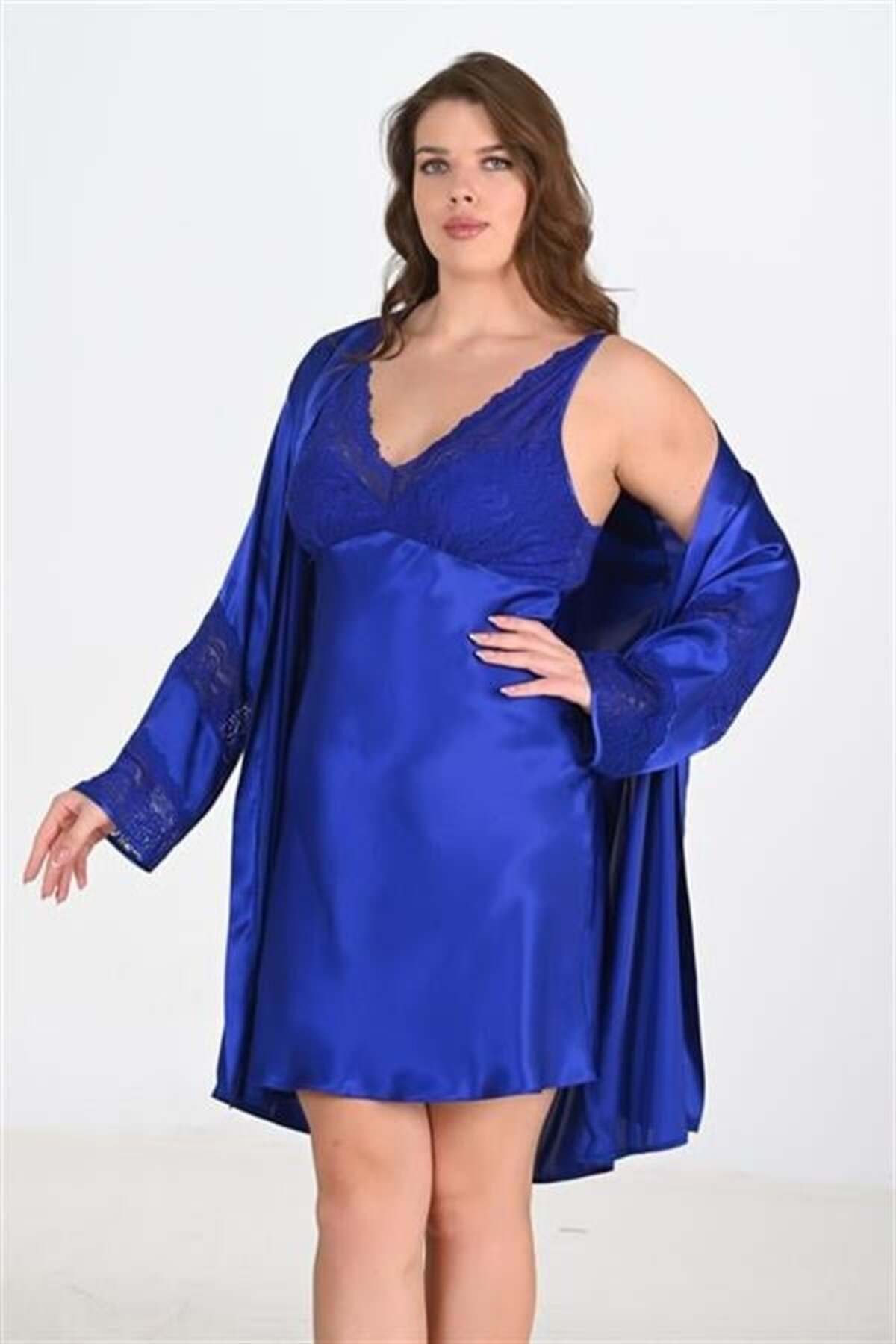 CHI'LA Collection Büyük Beden Saten Gecelik ve Sabahlık Takımı – Saks Mavi 6211