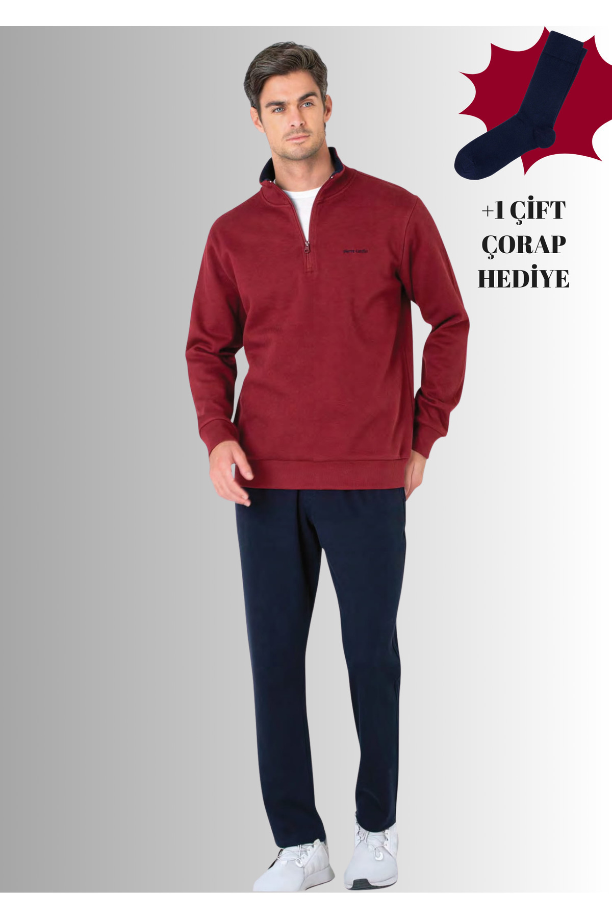 %100 Pamuklu Fermuarlı Yaka Uzun Kol Düz Paça 2 İplik Eşofman Takımı (Çorap Hediyeli)