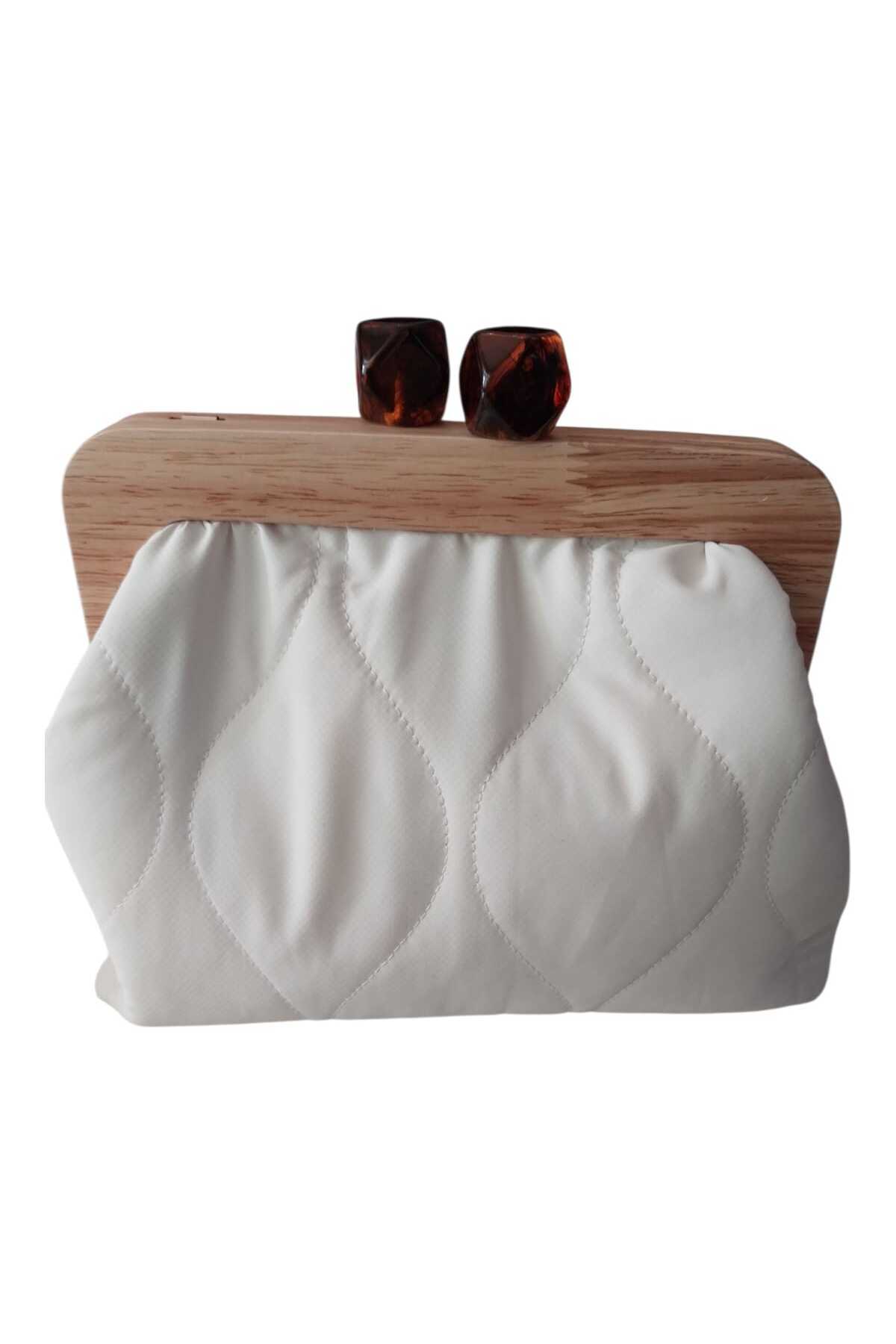 handedizayn Ahşap Burslu Bej Kapitone Desenli Zincir Askılı Kadın El Omuz Çantası Clutch