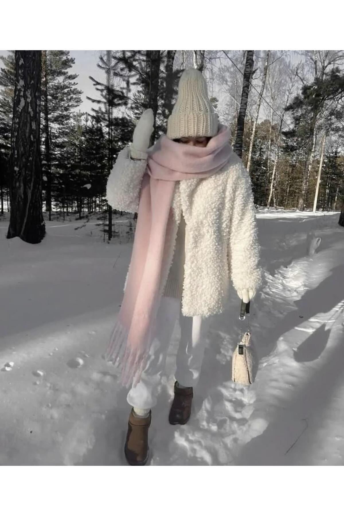 WearflawlessKışlık Soft Yumuşak Buklet Pembe Atkı, Yılbaşı hediyesi, Kışlık Hediye görsel 6
