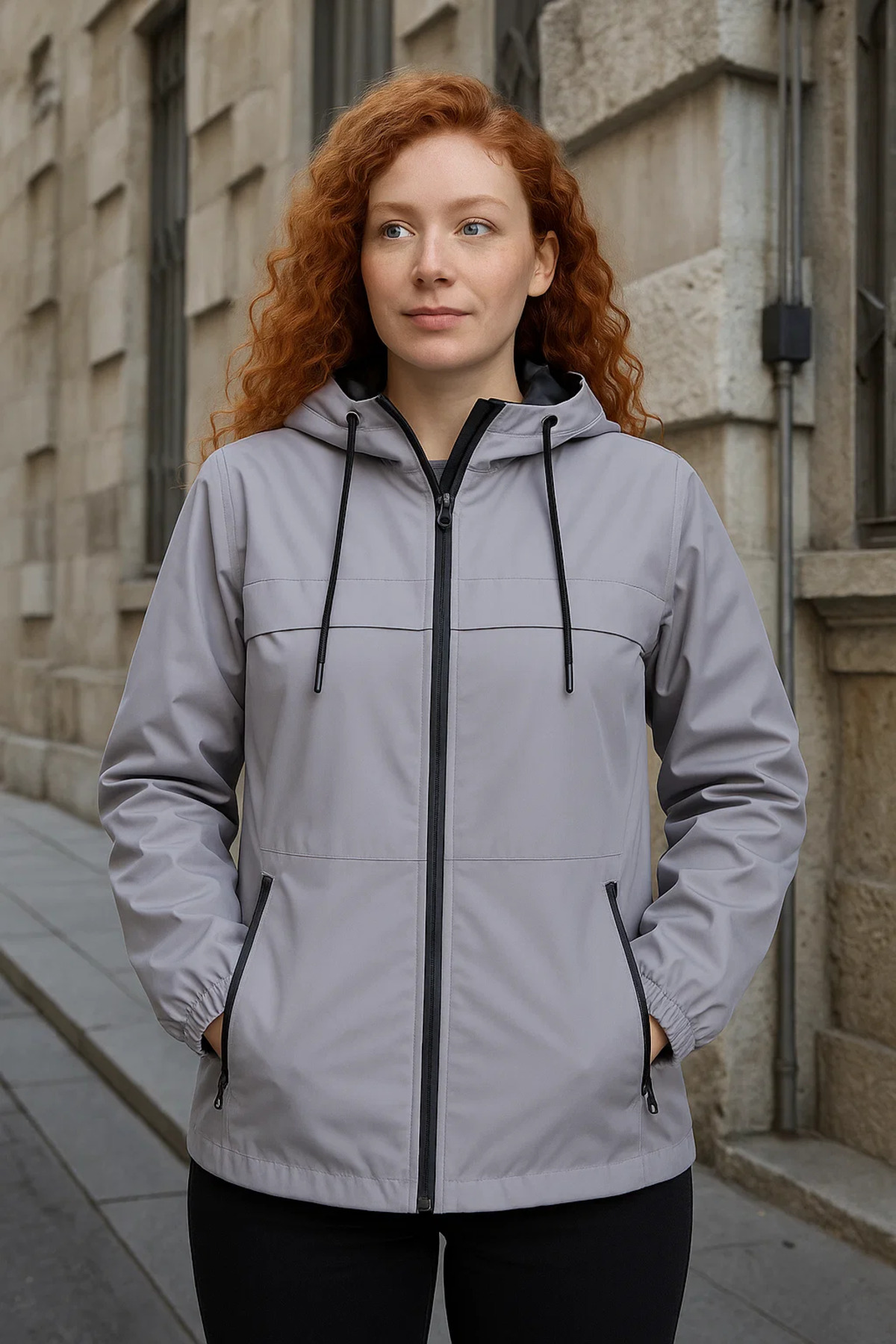 comstar  Kadın Astarlı Kapşonlu Gri Rüzgarlık & Yağmurluk - Görsel 2