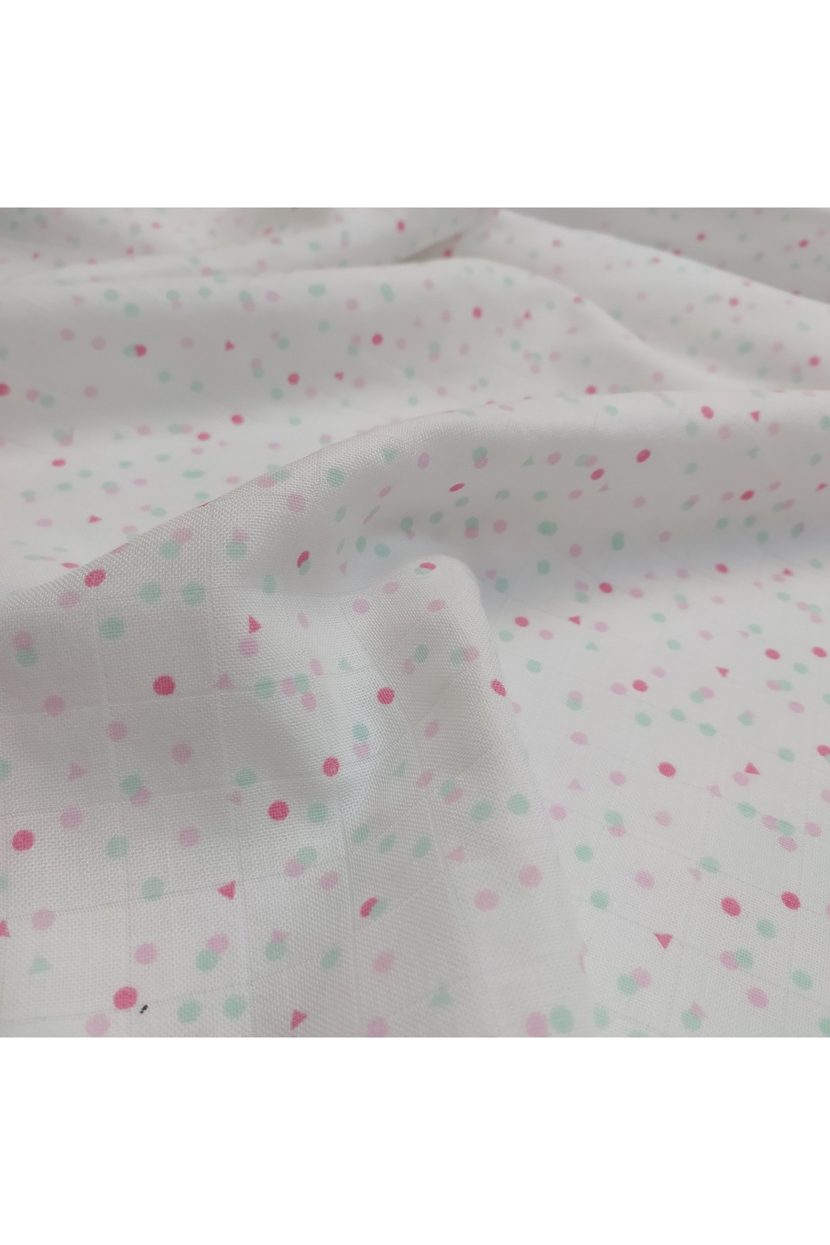 Kaf Kumaş Baskılı Bambu Karışımlı Müslin Kumaş | Pembe Yeşil Şekiller fotoğrafı 2 (önizleme)