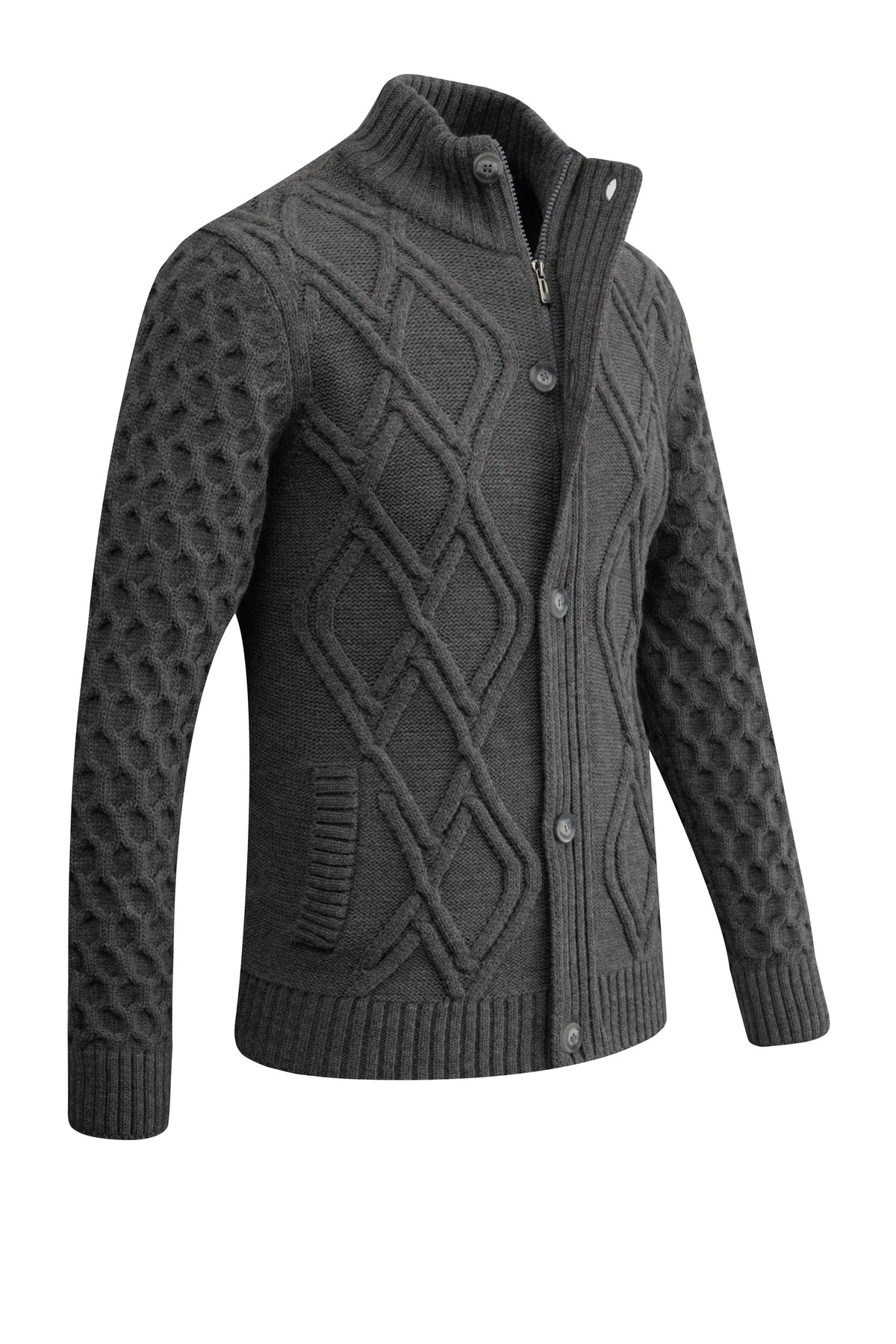 Çizgi Triko  Erkek Kalın Örgü Triko Gri Hırka Düğmeli ve Fermuarlı Cepli Klasik Kalıp - 5248M - Görsel 3