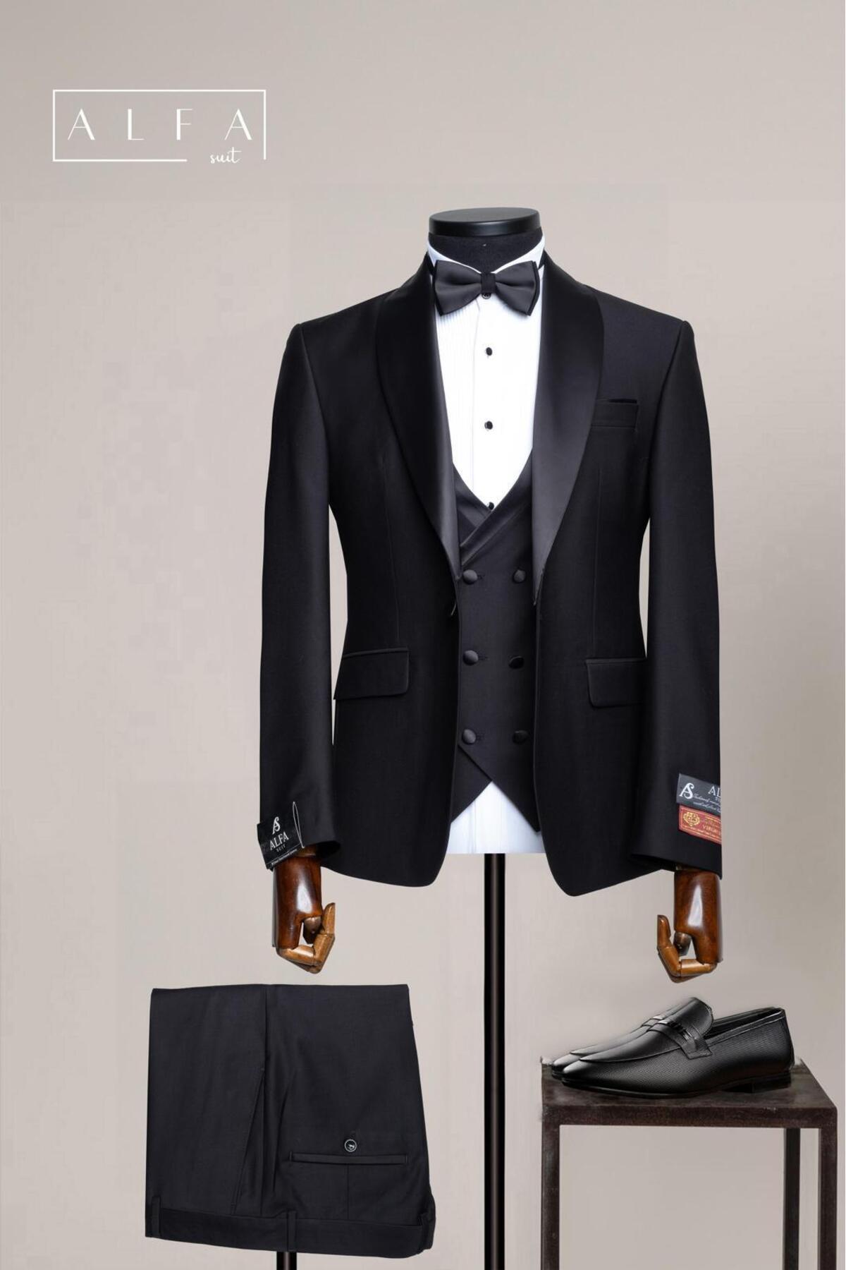 ALFA SUIT Erkek Damatlık Şal Yaka Kapaklı Cep Yelekli