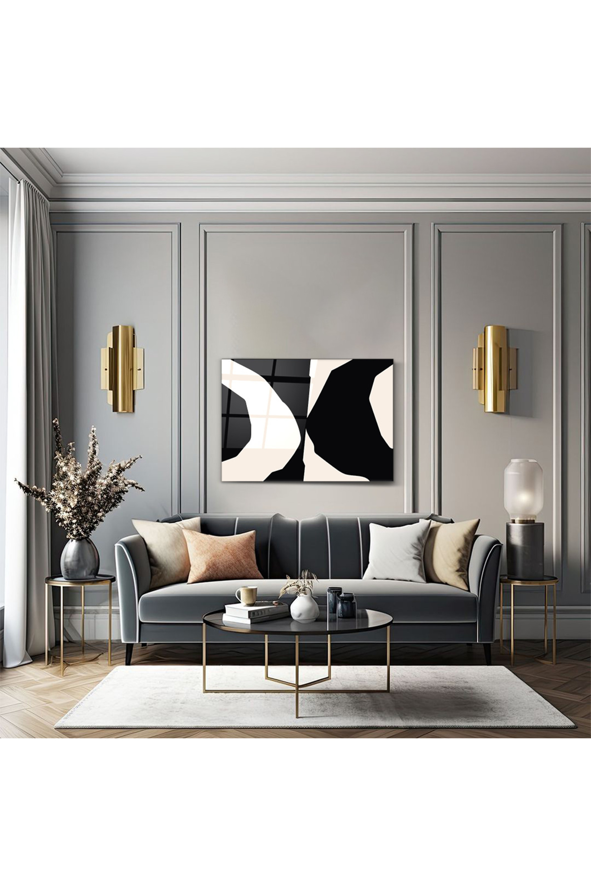 Siyah Beyaz Soyut Desenli Modern -Cam Tablo-Ofis-Ev