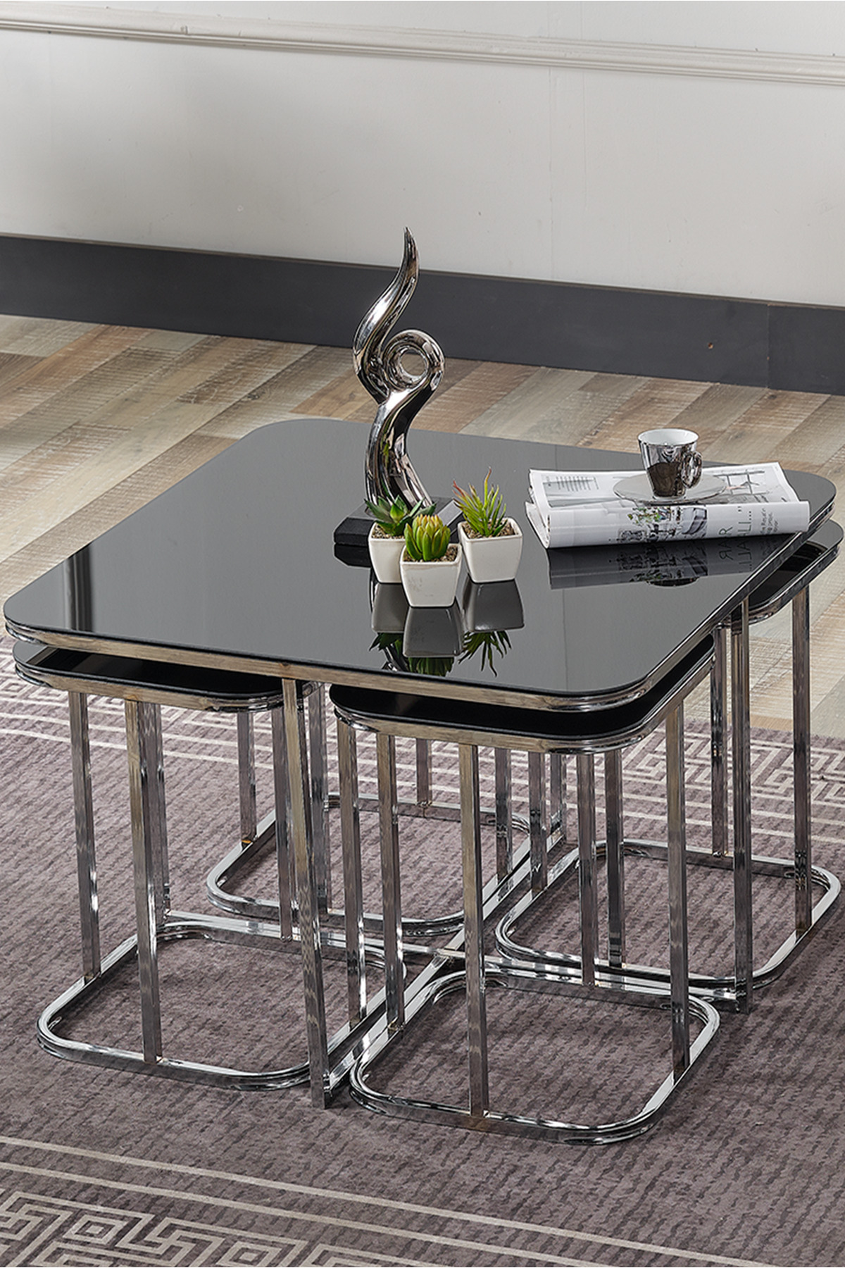 5li Oval Kenar (KURULUM GEREKTİRMEZ) 4 1 Siyah Aynalı Temperli Cam Gümüş Ayak Takım Sehpa Bohem