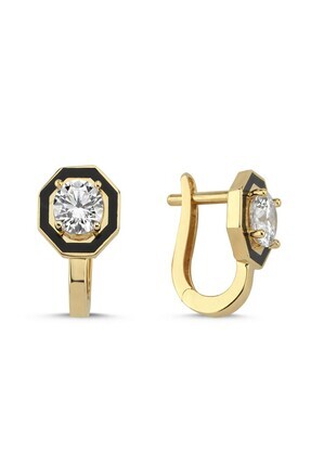 ZÜMRÜT SARRAF 14 Ayar Altın Siyah Mineli Taşlı Sekizgen Küpe SARI