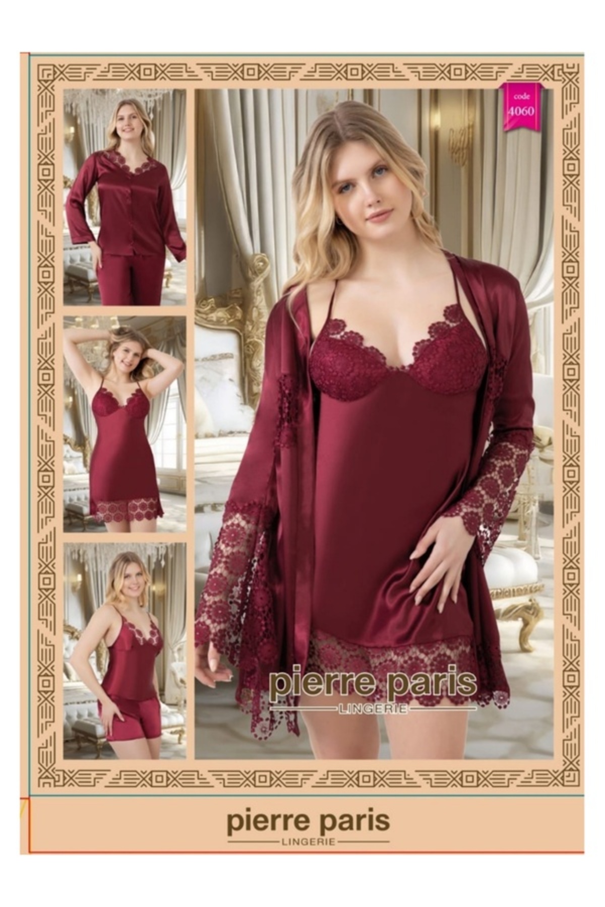 Pierre Paris İpek Saten 6'lı Kısa Gecelik Sabahlık Takım-4060 Bordo