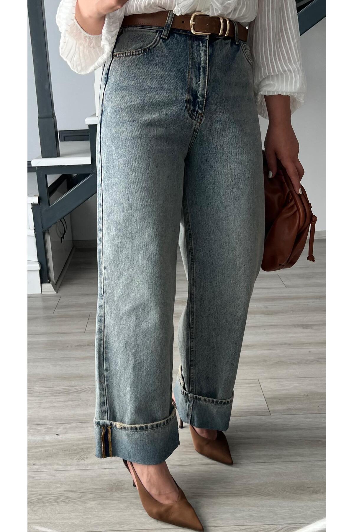 Oslove  Mavi Tintli Paça Katlama Detaylı Jean - Görsel 3